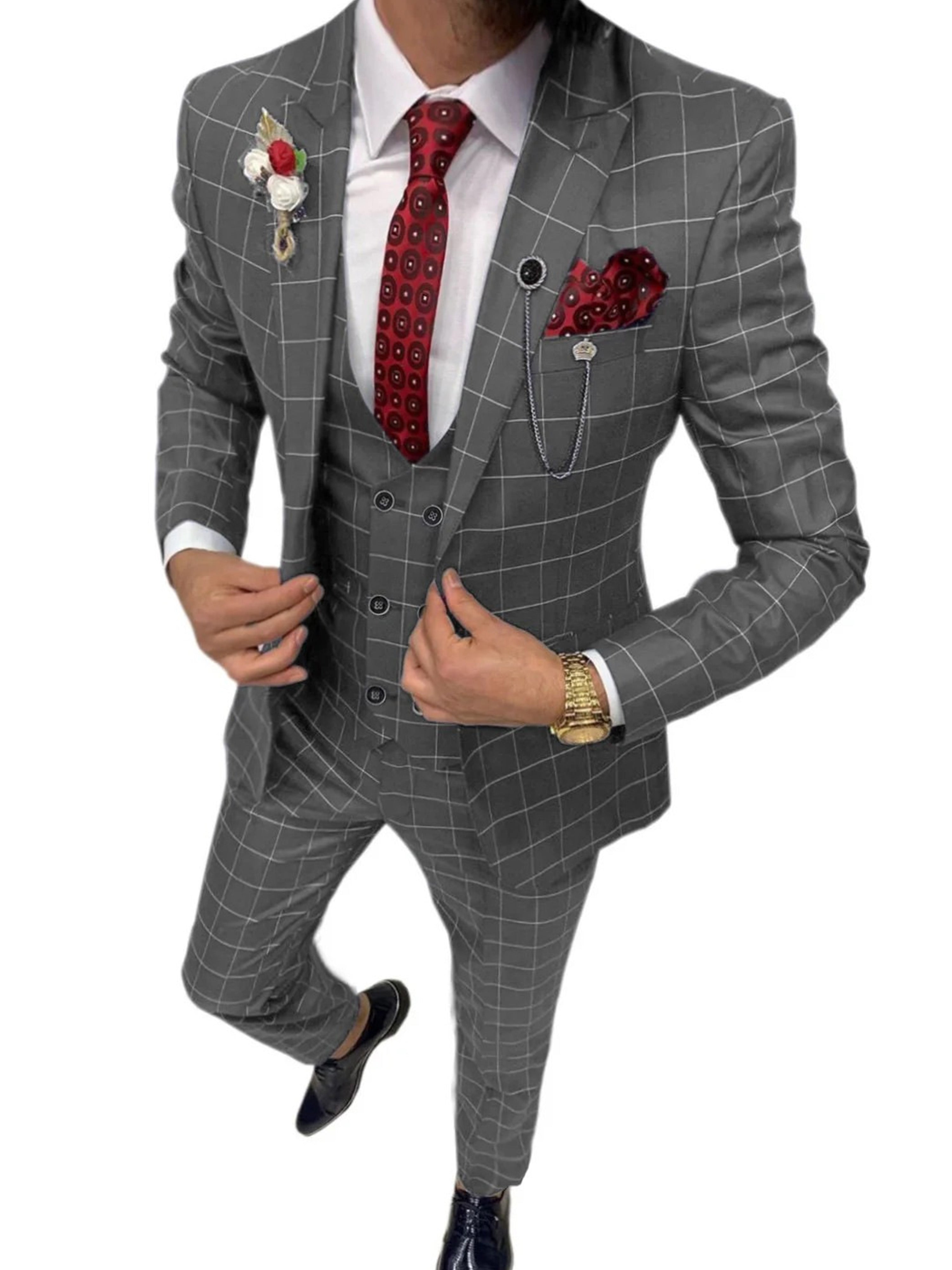 Costume Homme 3 Pièces à Carreaux Cérémonie Mariage & Affaires - Taille Slim