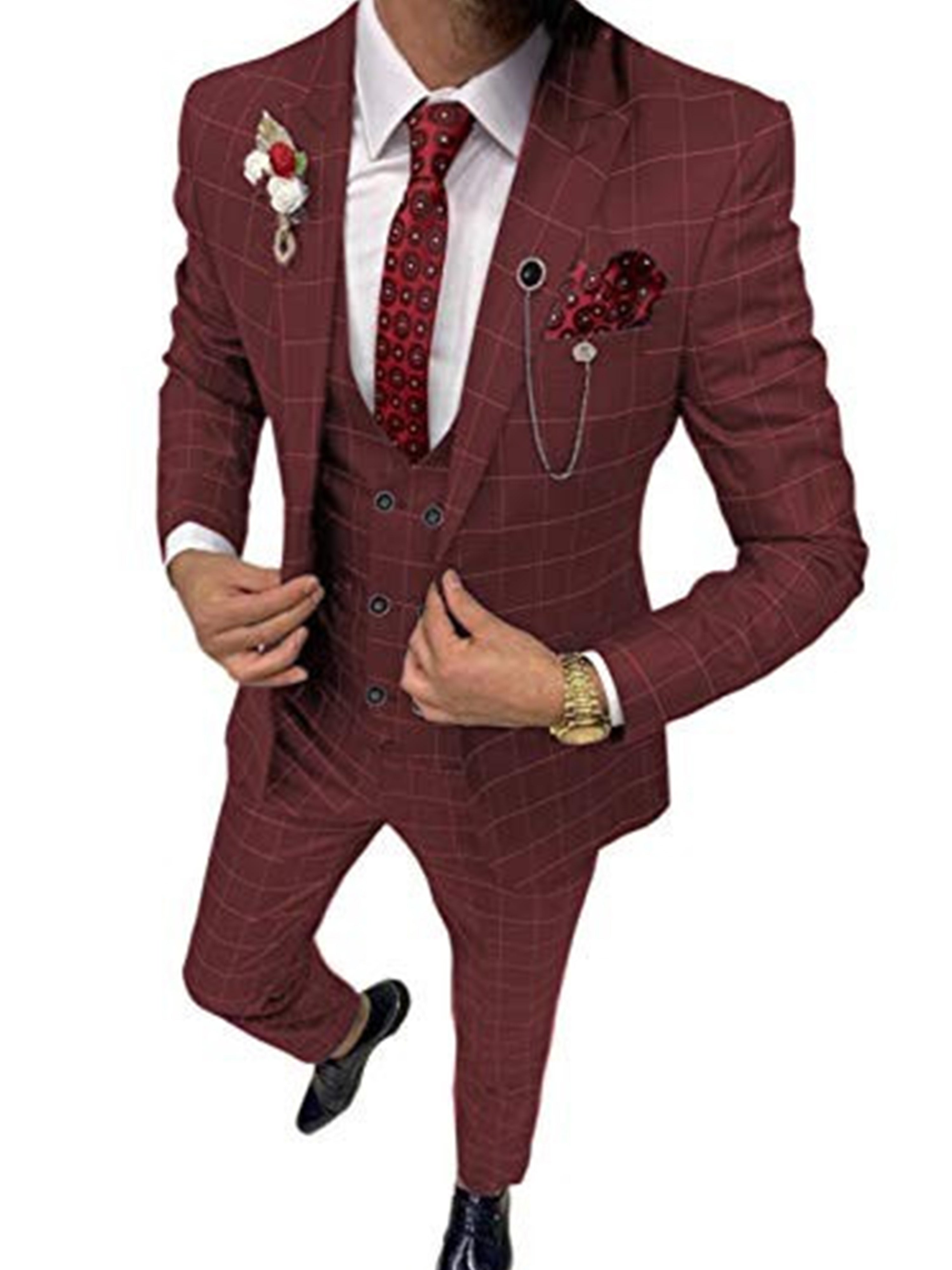 Costume Homme 3 Pièces en BORDEAUX à Carreaux Cérémonie Mariage & Affaires Taille Slim