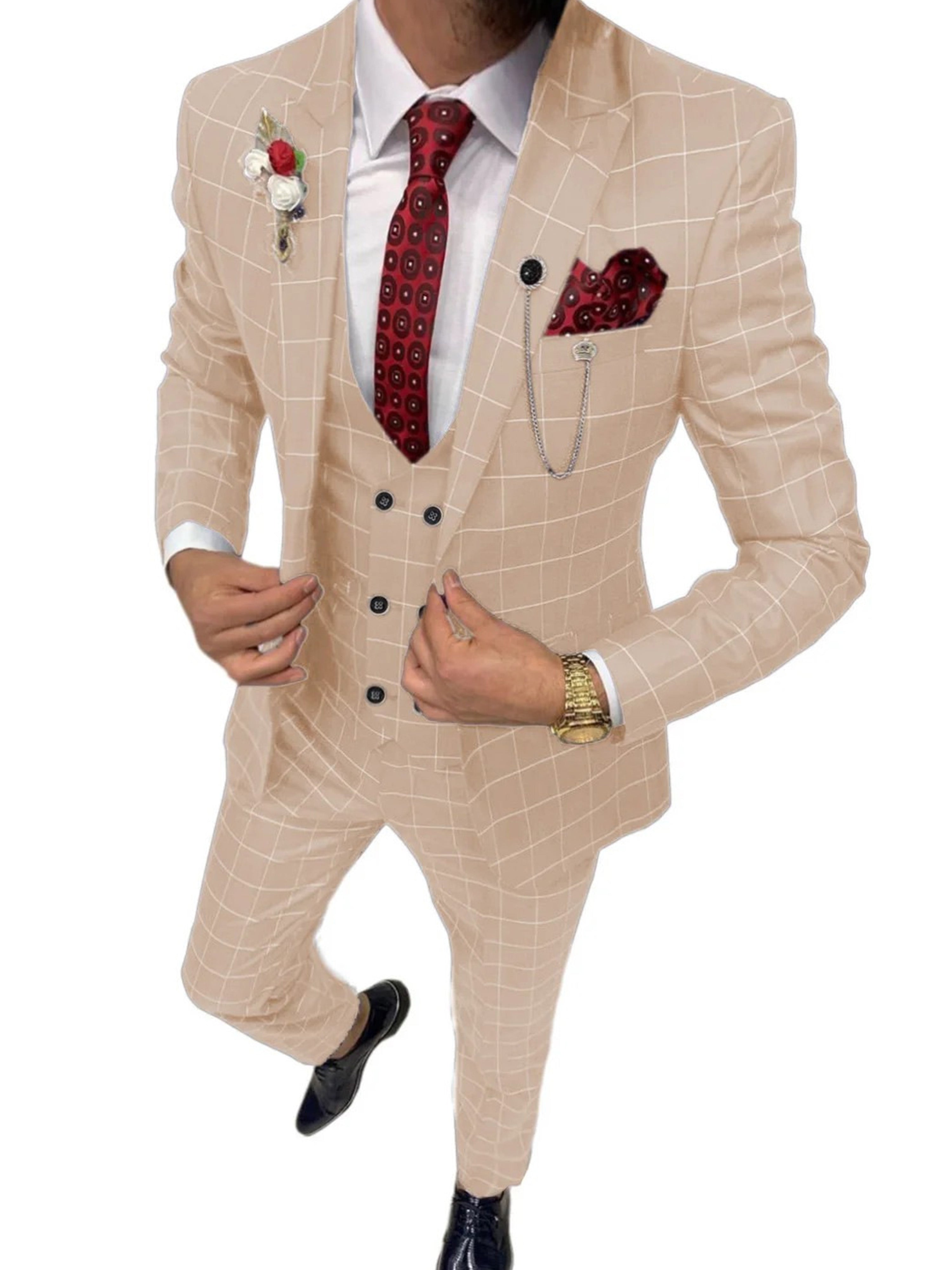 Costume Homme 3 Pièces en IVOIRE à Carreaux Cérémonie Mariage & Affaires Taille Slim