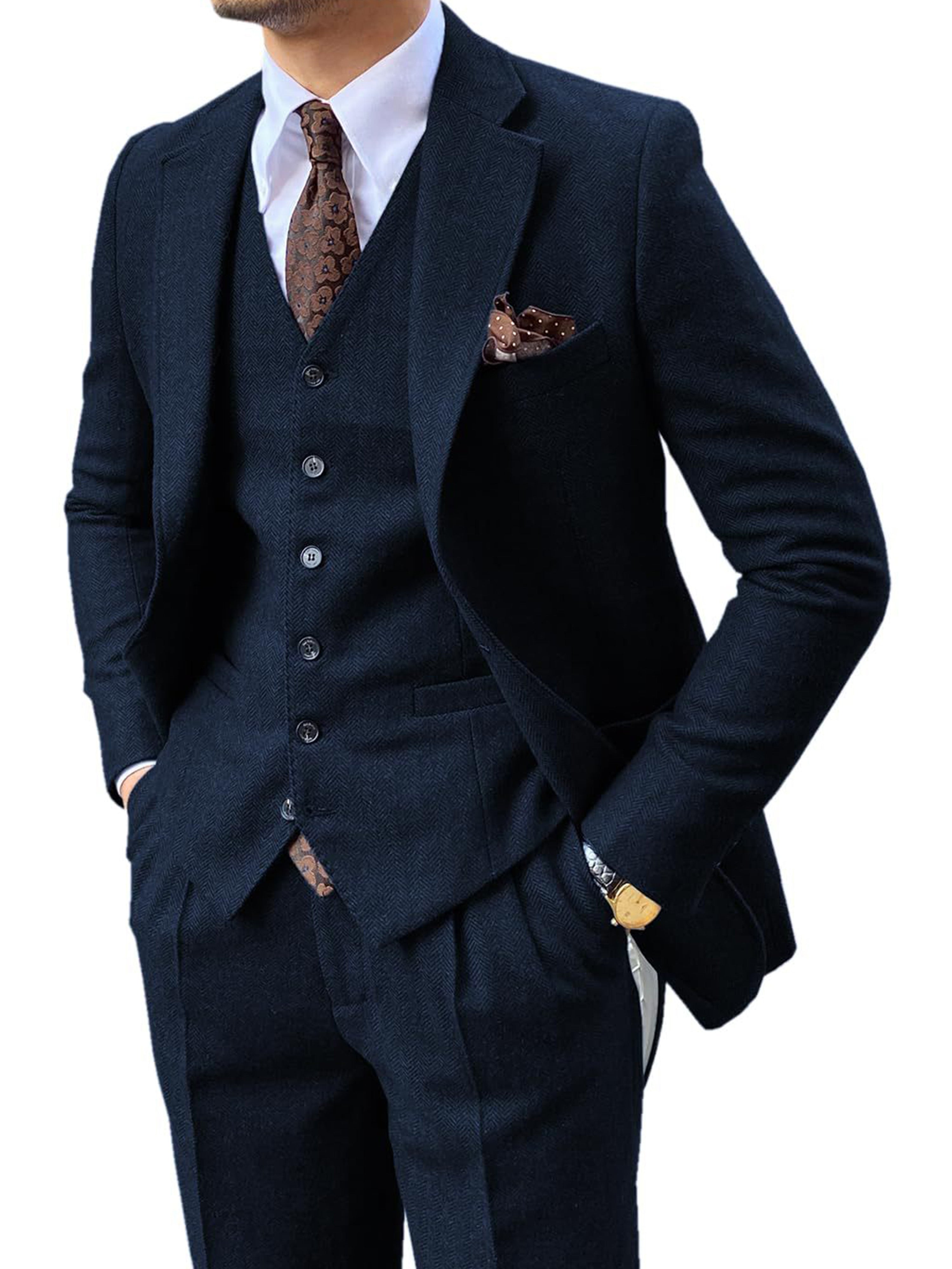 Costume Homme 3 Pièces en Laine Cardée à Motif Chevron  Nouvelle Collection Cérémonie & Affaires