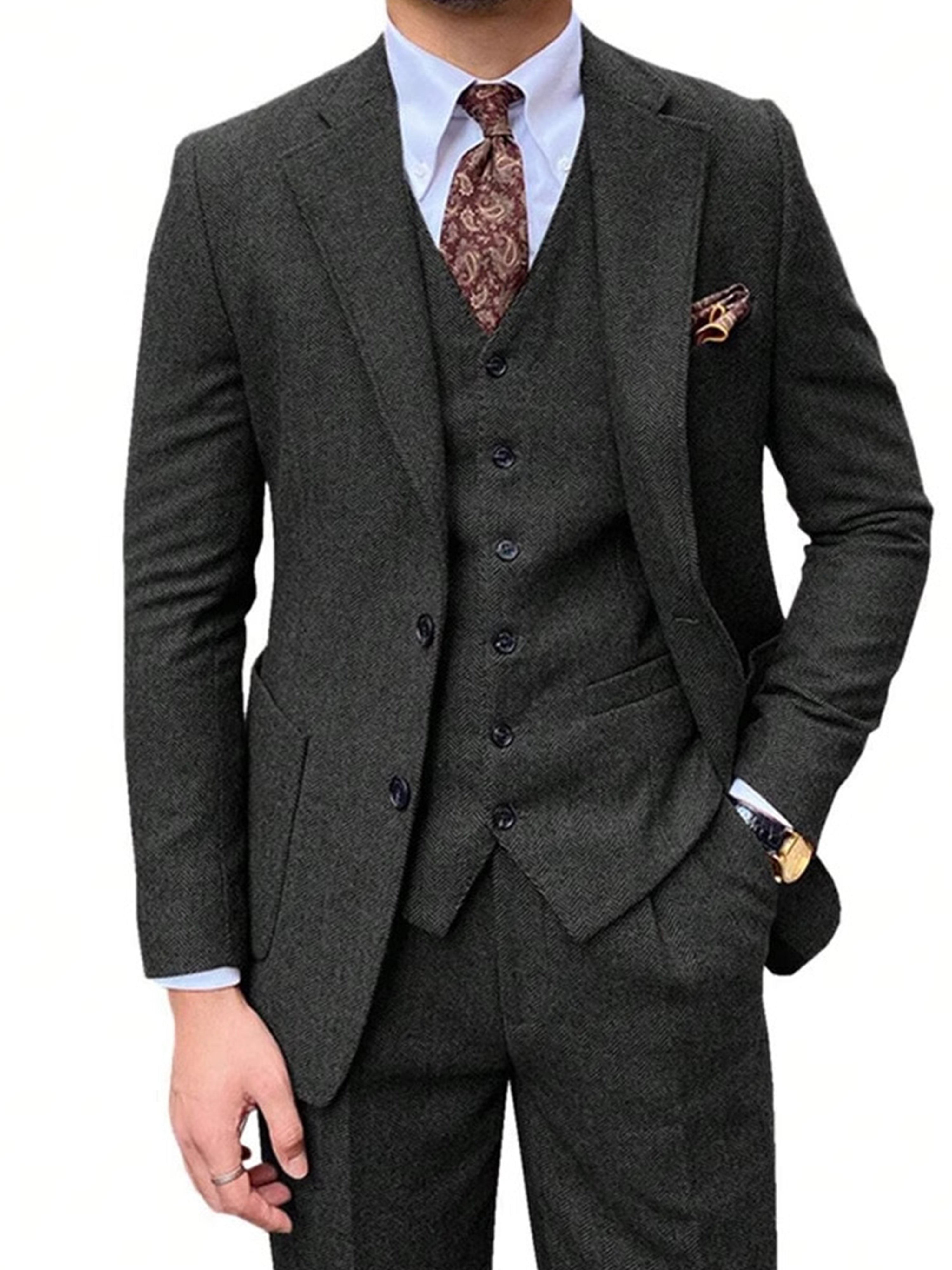 Costume Homme 3 Pièces en NOIR en Laine Cardée à Motif Chevron  Nouvelle Collection Cérémonie & Affaires