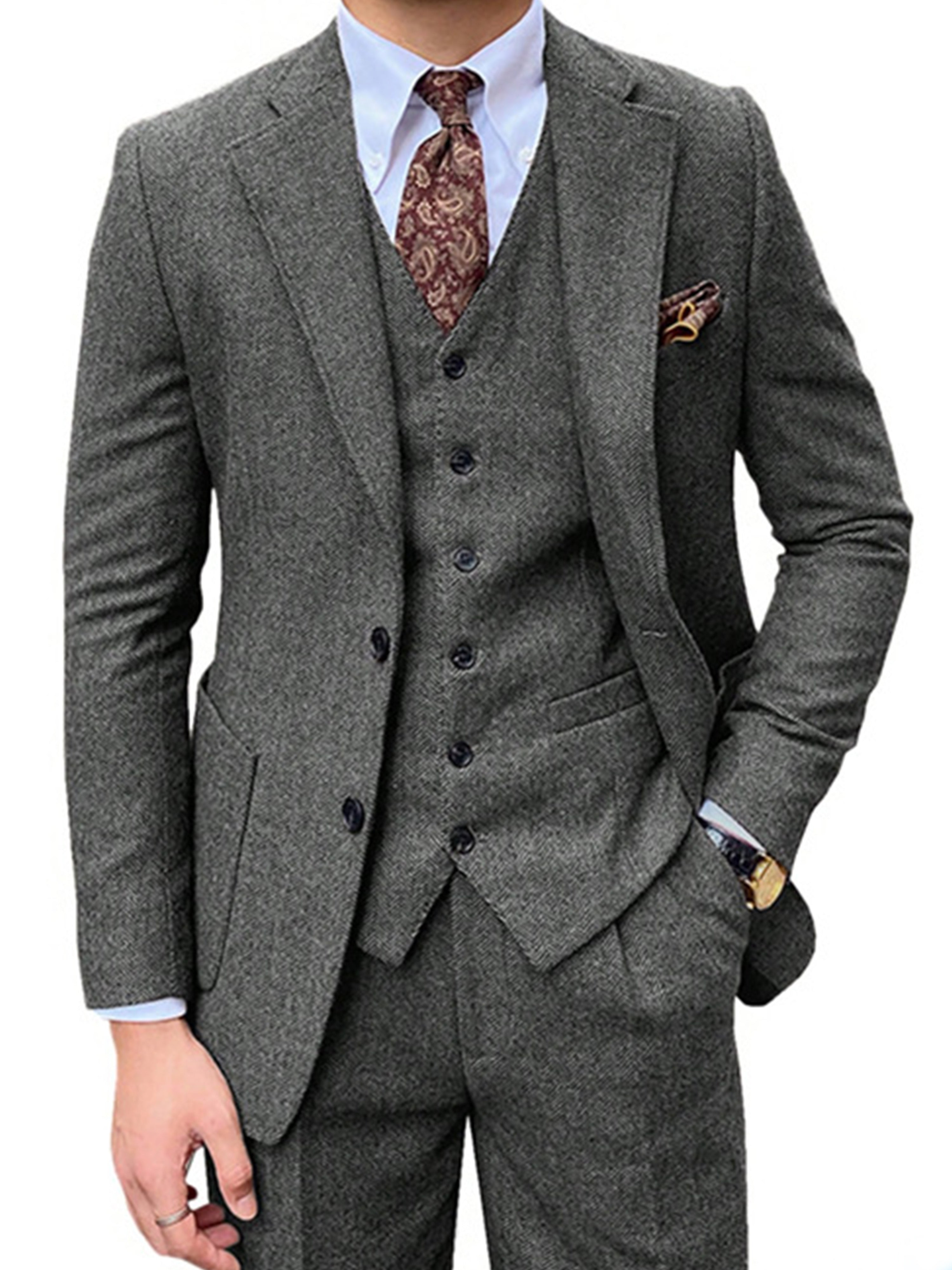 Costume Homme 3 Pièces en GRIS ACIER en Laine Cardée à Motif Chevron  Nouvelle Collection Cérémonie & Affaires