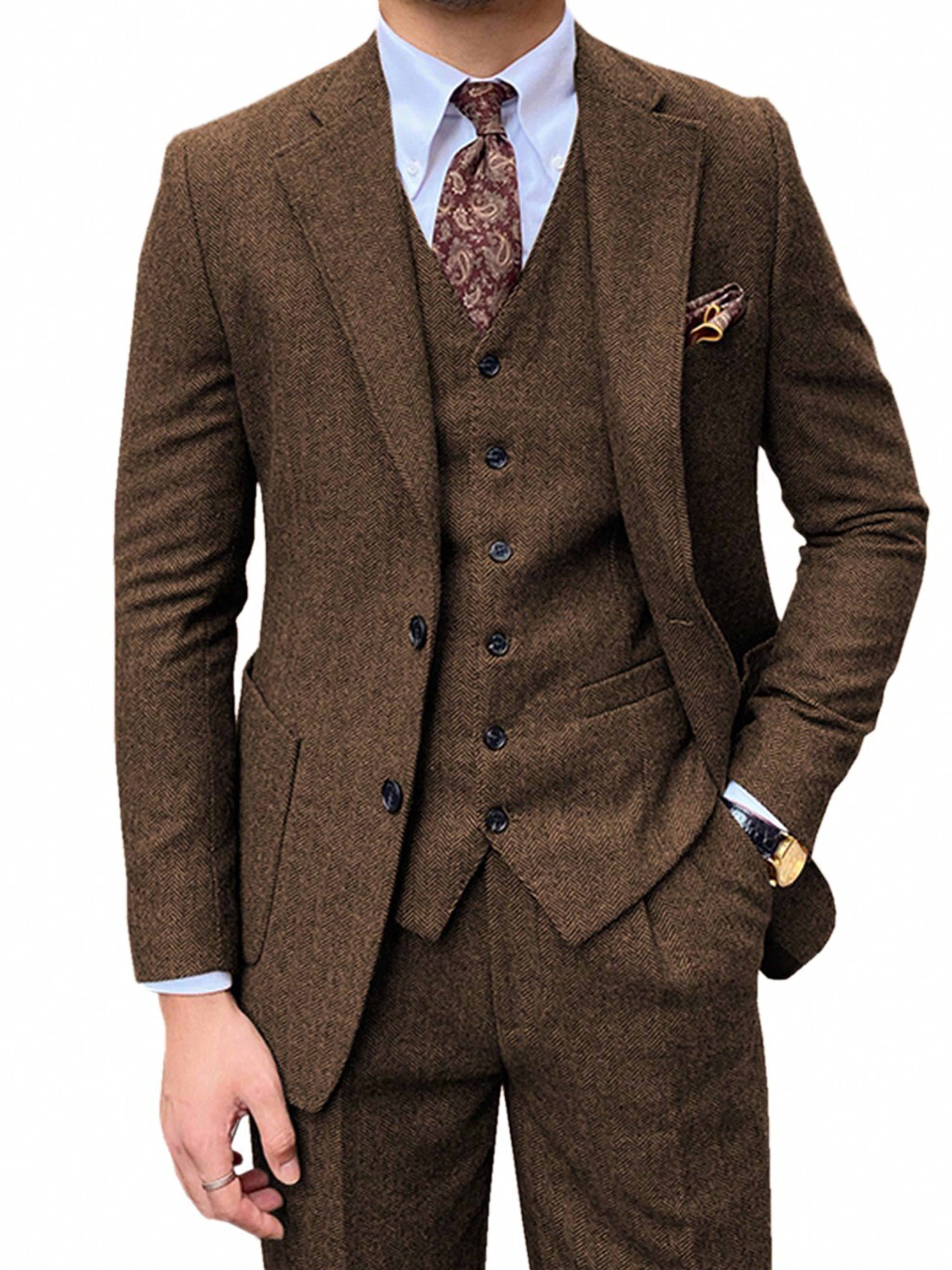 Costume Homme 3 Pièces en Laine Cardée à Motif Chevron  Nouvelle Collection Cérémonie & Affaires