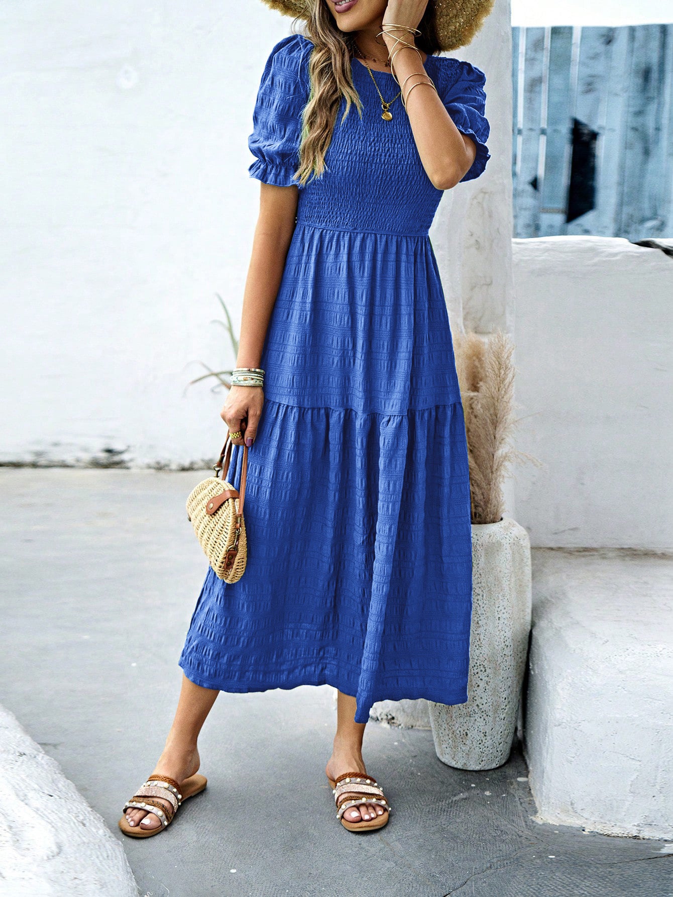 Robe Invitée Mariage BLEU_ROYALE à Manches Courtes Encolure Ras du Cou