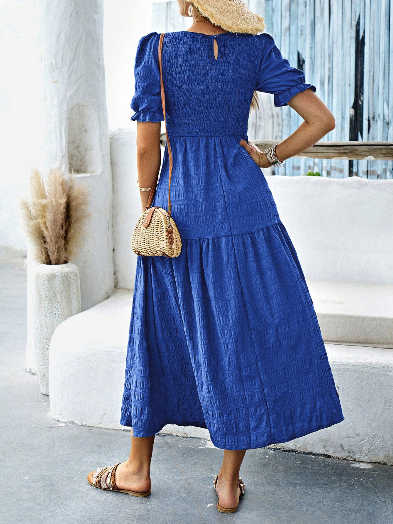 Robe Invitée Mariage BLEU_ROYALE à Manches Courtes Encolure Ras du Cou