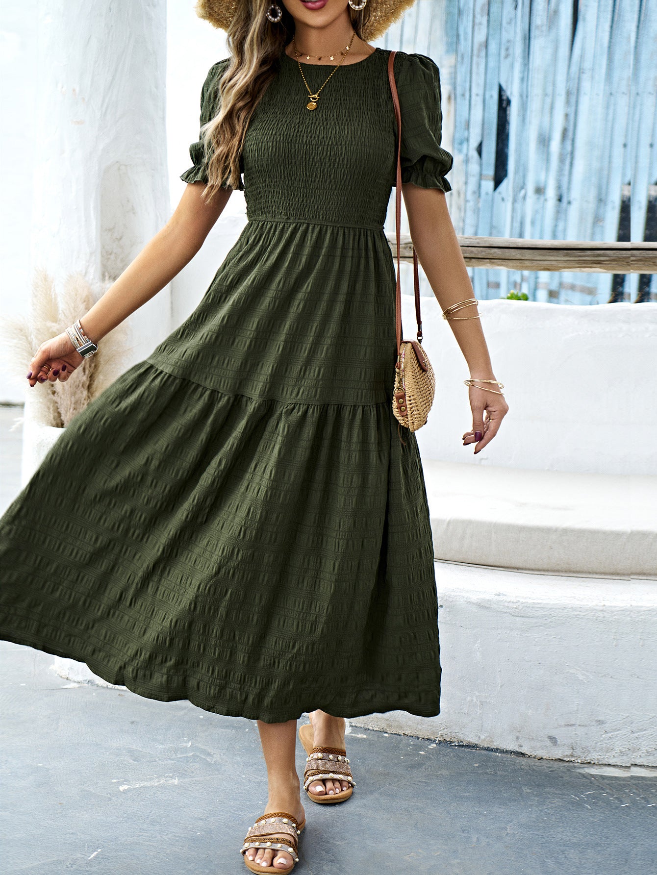 Robe Invitée Mariage VERT_OLIVE_FONCE à Manches Courtes Encolure Ras du Cou