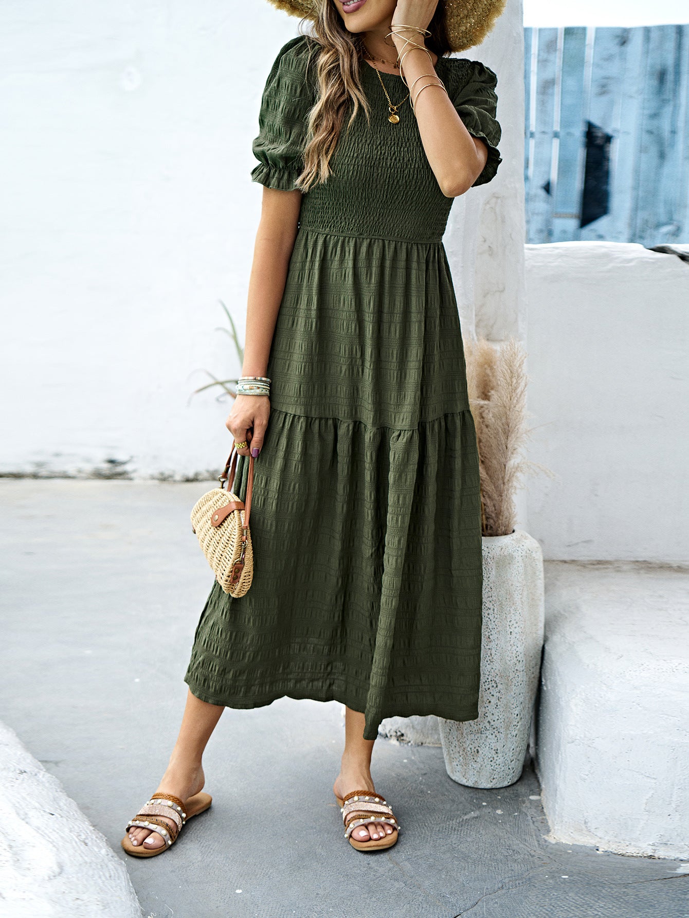 Robe Invitée Mariage VERT_OLIVE_FONCE à Manches Courtes Encolure Ras du Cou