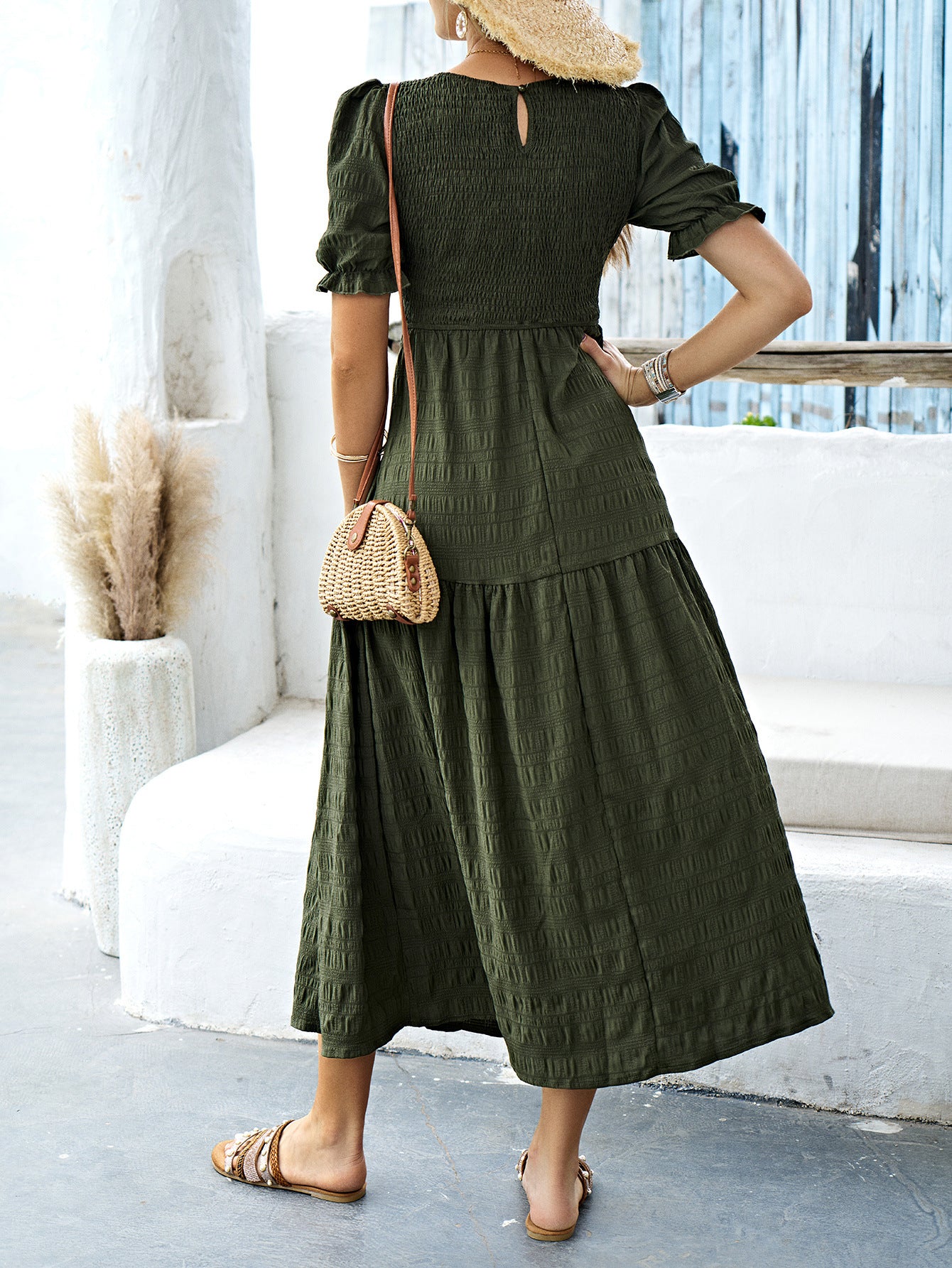 Robe Invitée Mariage VERT_OLIVE_FONCE à Manches Courtes Encolure Ras du Cou