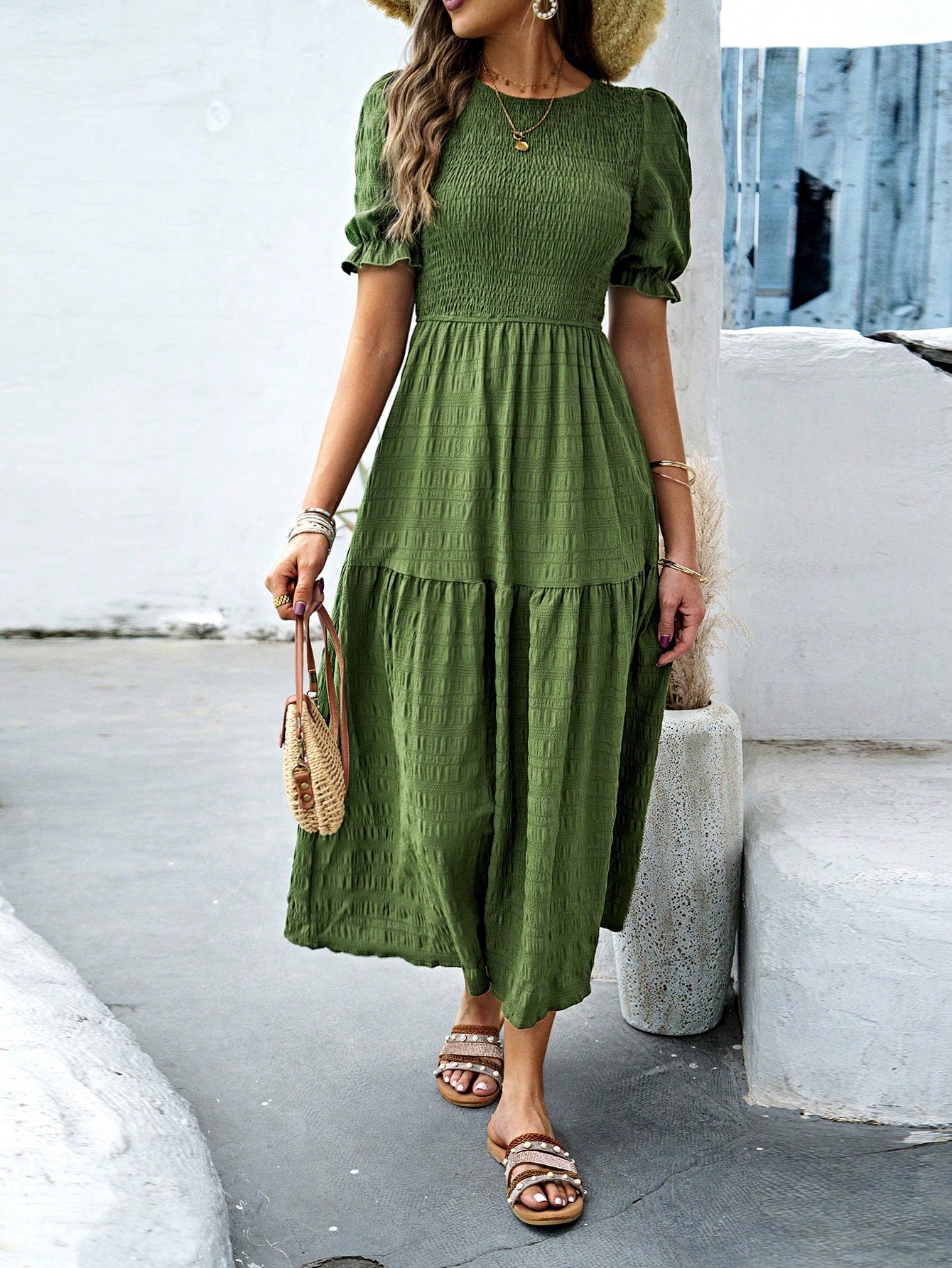Robe Invitée Mariage VERT_OLIVE à Manches Courtes Encolure Ras du Cou