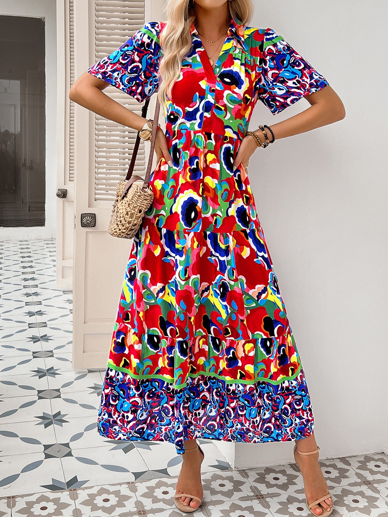 Robe Invitée Mariage Bleu Foncé à ContrasteEncolure V et Manches Courtes