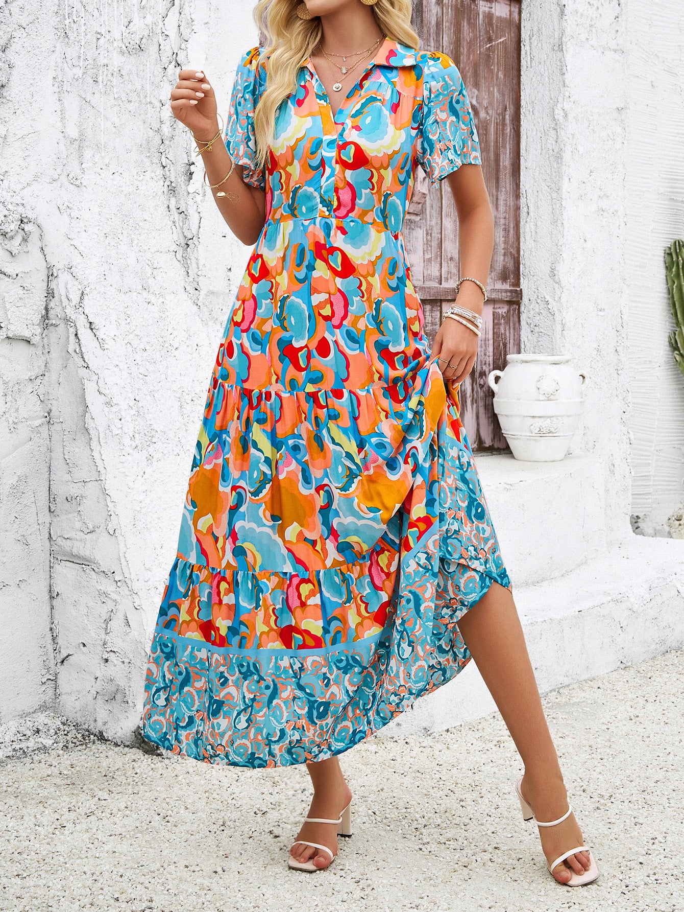 Robe Invitée Mariage Jade à ContrasteEncolure V et Manches Courtes