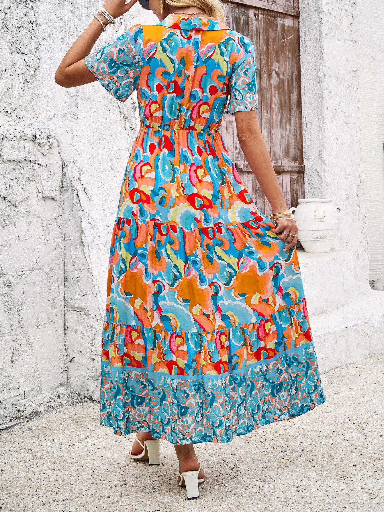 Robe Invitée Mariage Jade à ContrasteEncolure V et Manches Courtes