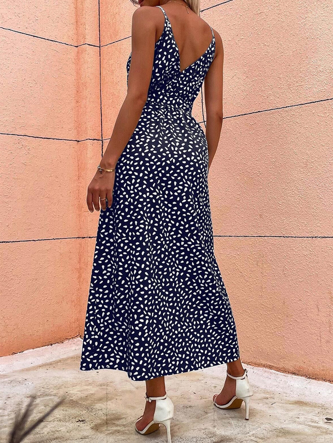 Robe Invitée Mariage BLEU_MARINE Encolure V Sans Manches avec Fente