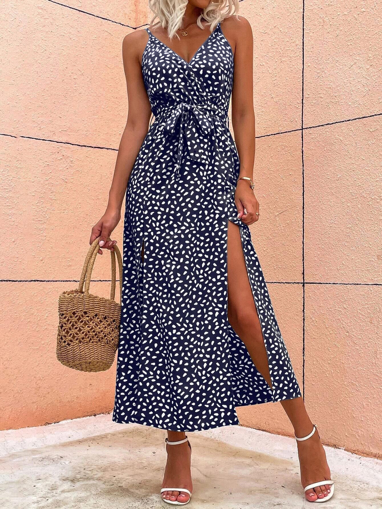 Robe Invitée Mariage BLEU_MARINE Encolure V Sans Manches avec Fente