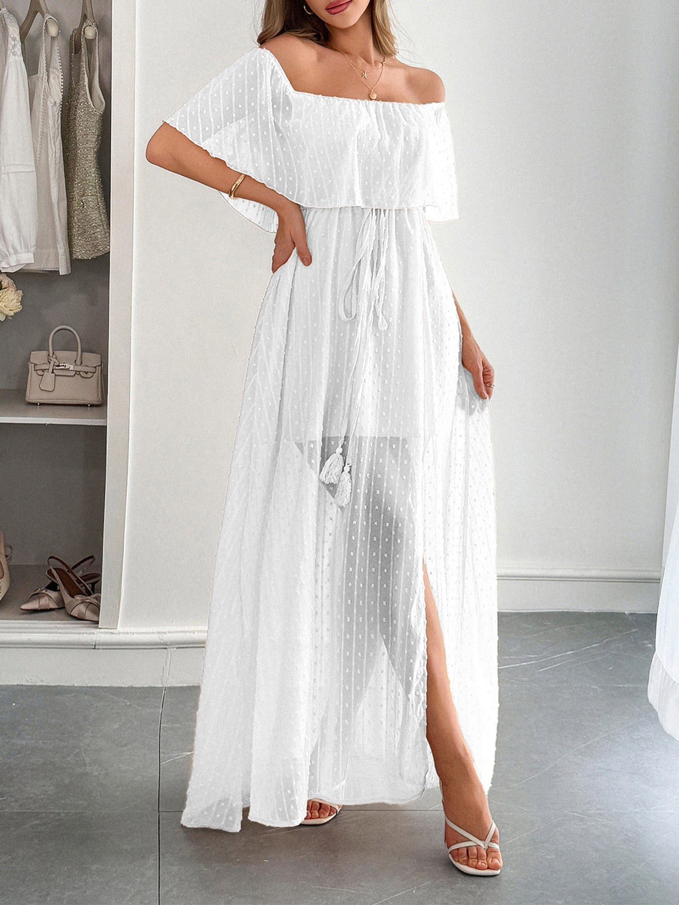 Robe Invitée Mariage Blanche en Tulle Épaules Dénudées Longue