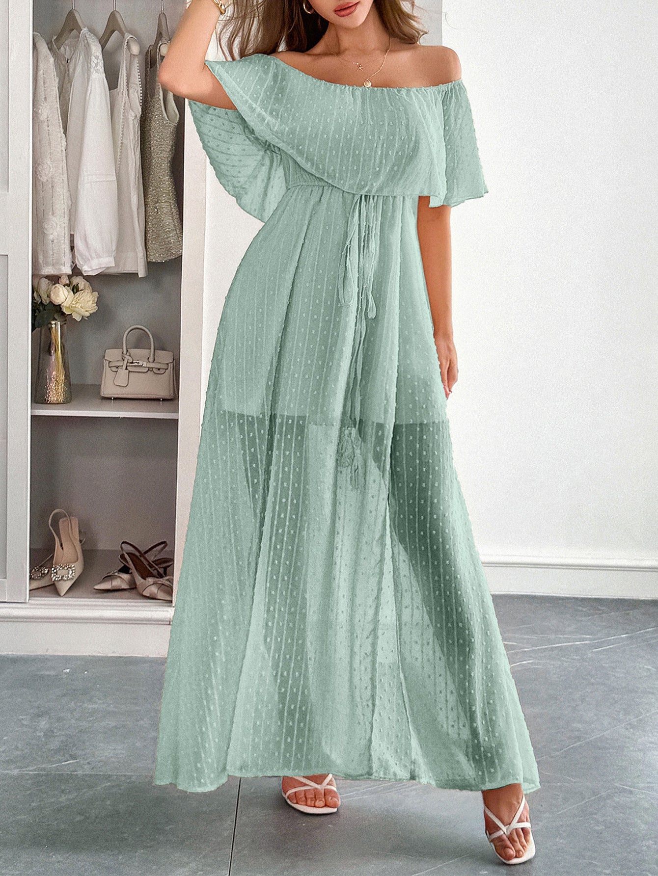 Robe Invitée Mariage Celadon en Tulle Épaules Dénudées Longue