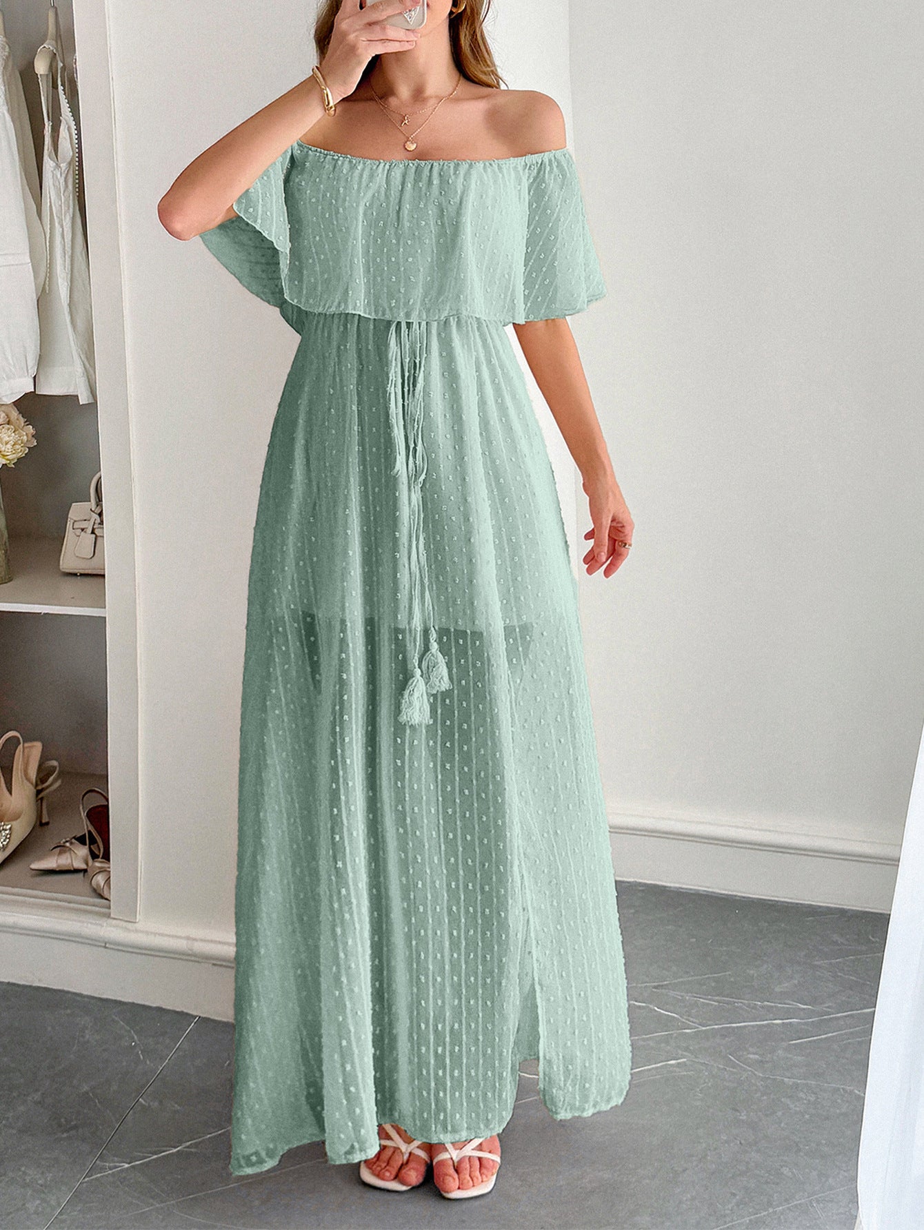 Robe Invitée Mariage Celadon en Tulle Épaules Dénudées Longue