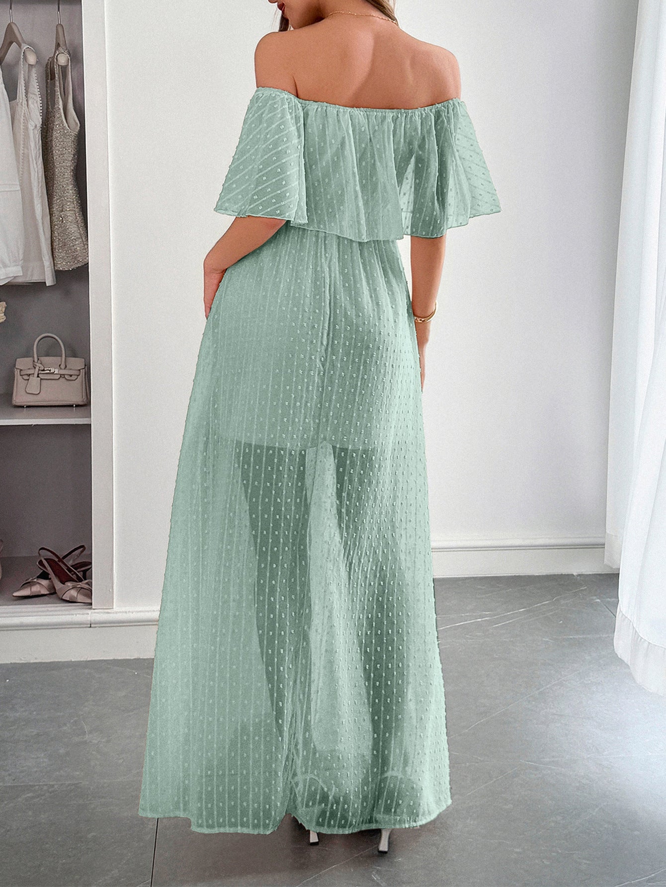 Robe Invitée Mariage Celadon en Tulle Épaules Dénudées Longue