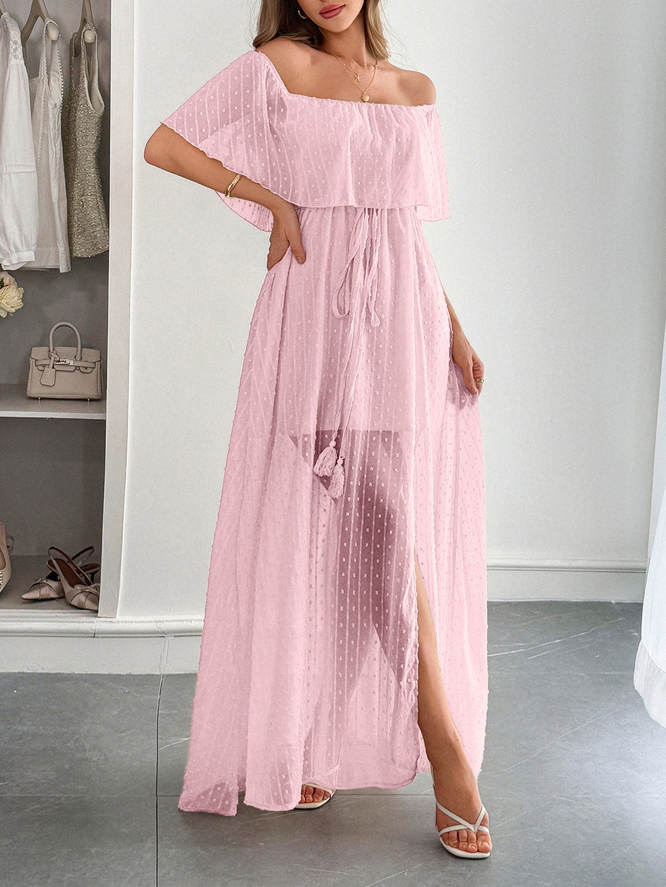 Robe Invitée Mariage ROSE en Tulle Épaules Dénudées Longue