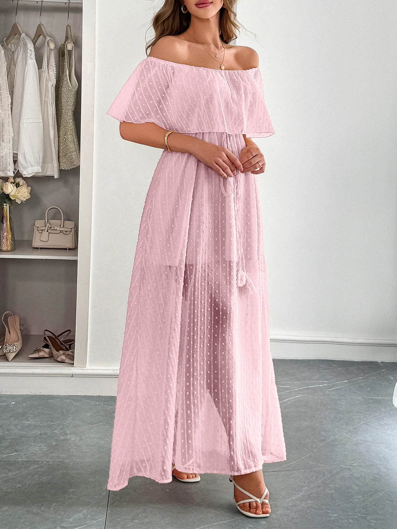 Robe Invitée Mariage ROSE en Tulle Épaules Dénudées Longue