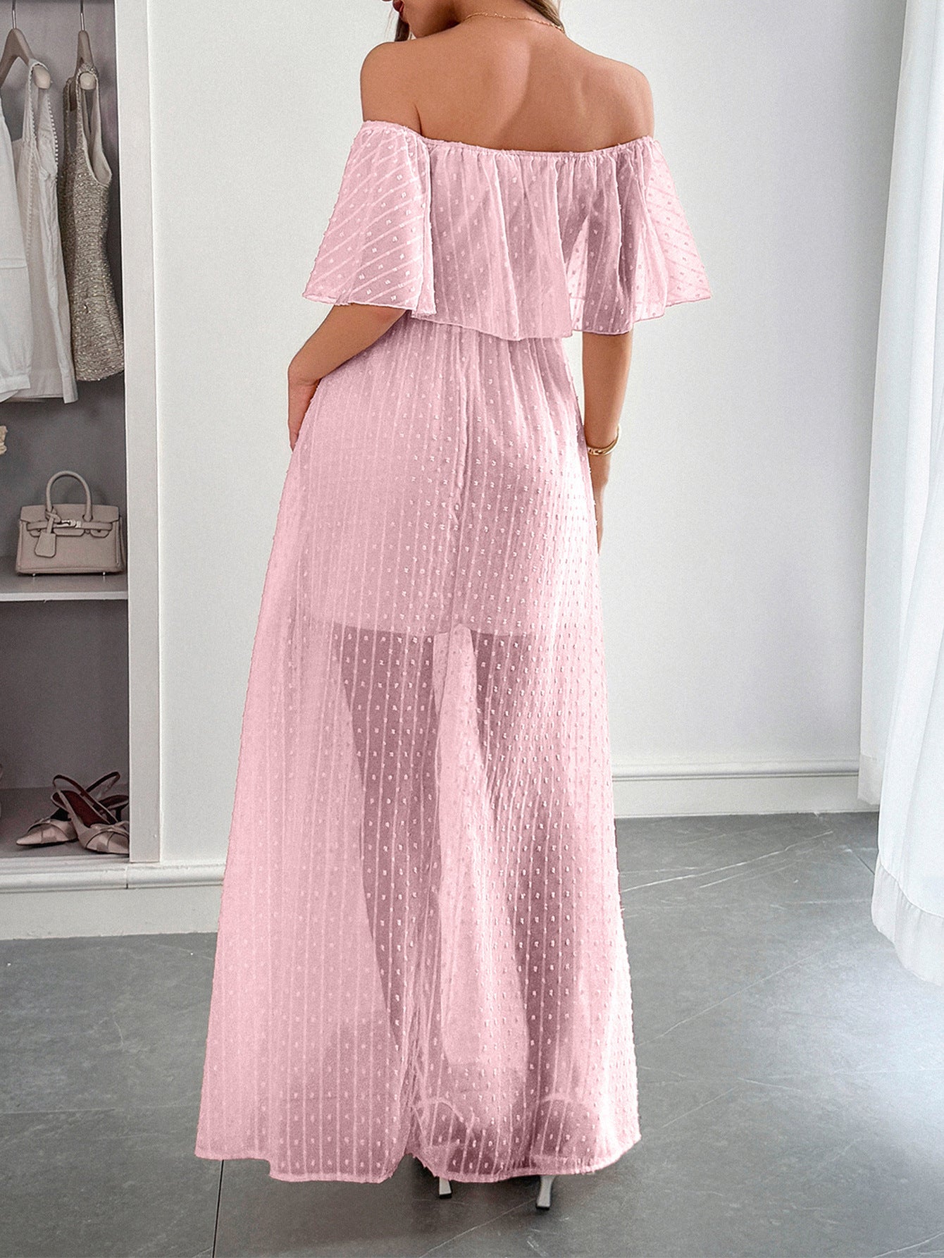 Robe Invitée Mariage ROSE en Tulle Épaules Dénudées Longue