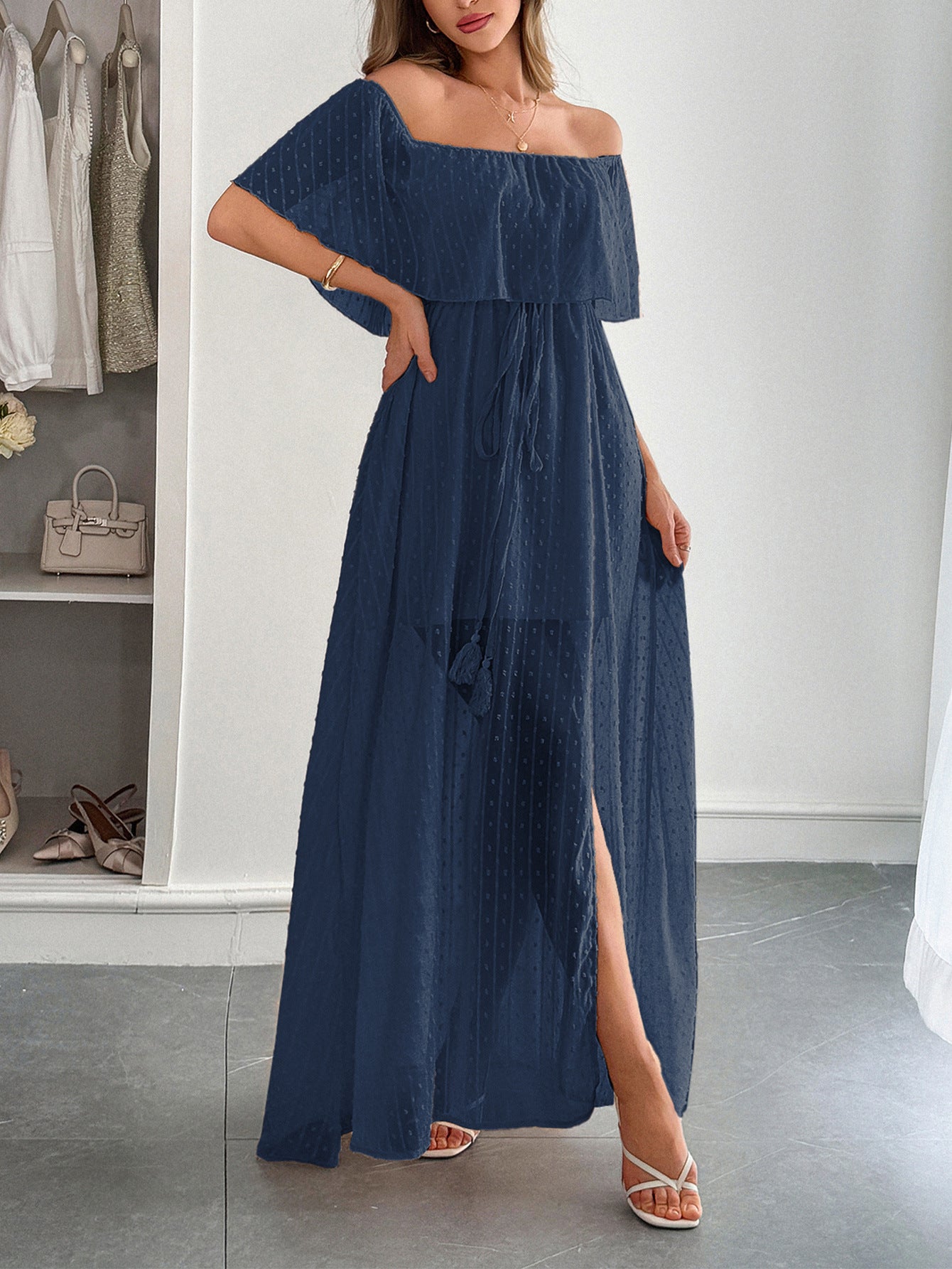 Robe Invitée Mariage BLEU_MARINE en Tulle Épaules Dénudées Longue