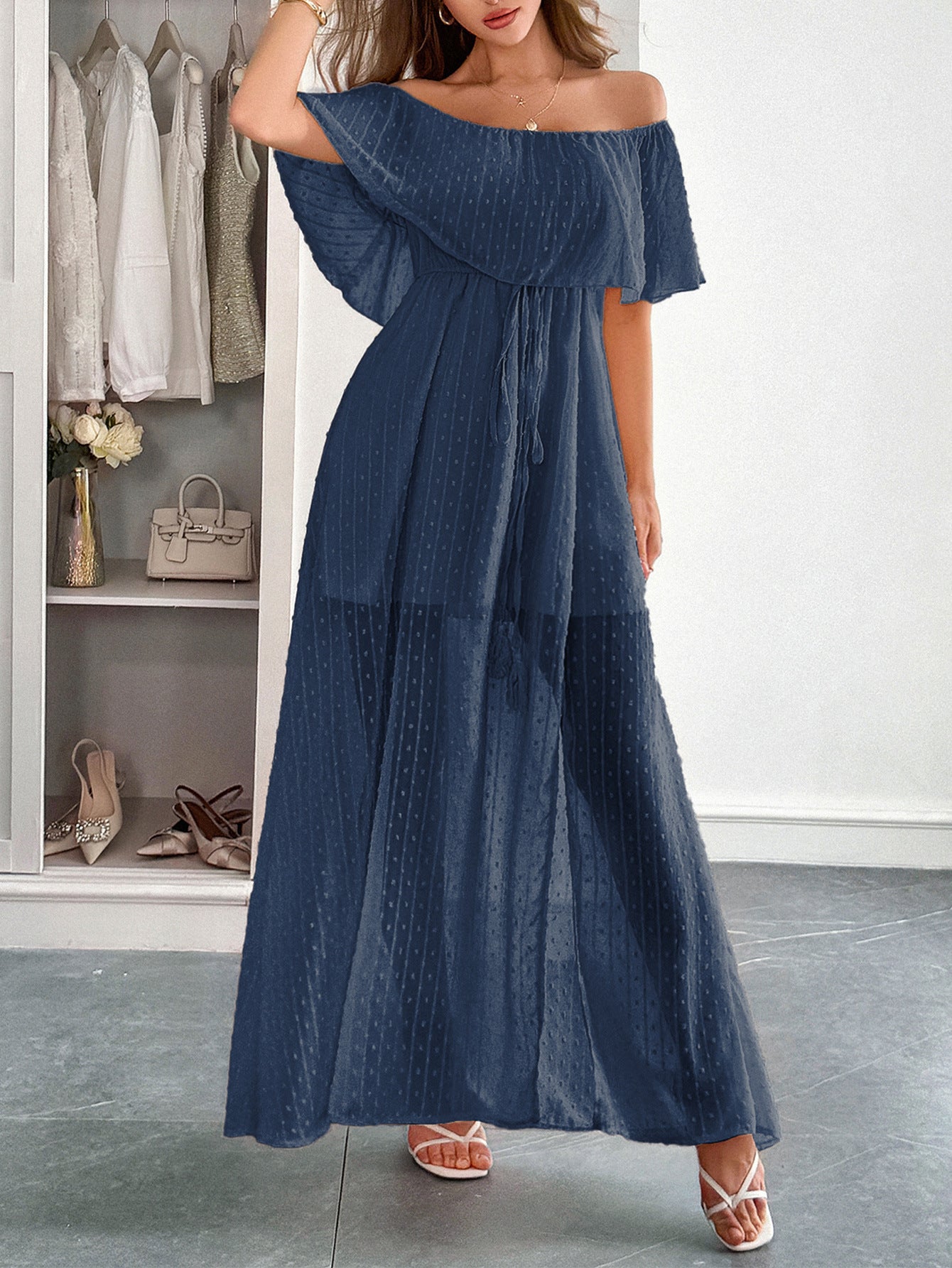 Robe Invitée Mariage BLEU_MARINE en Tulle Épaules Dénudées Longue