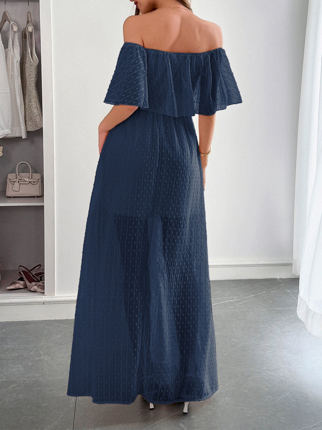 Robe Invitée Mariage BLEU_MARINE en Tulle Épaules Dénudées Longue
