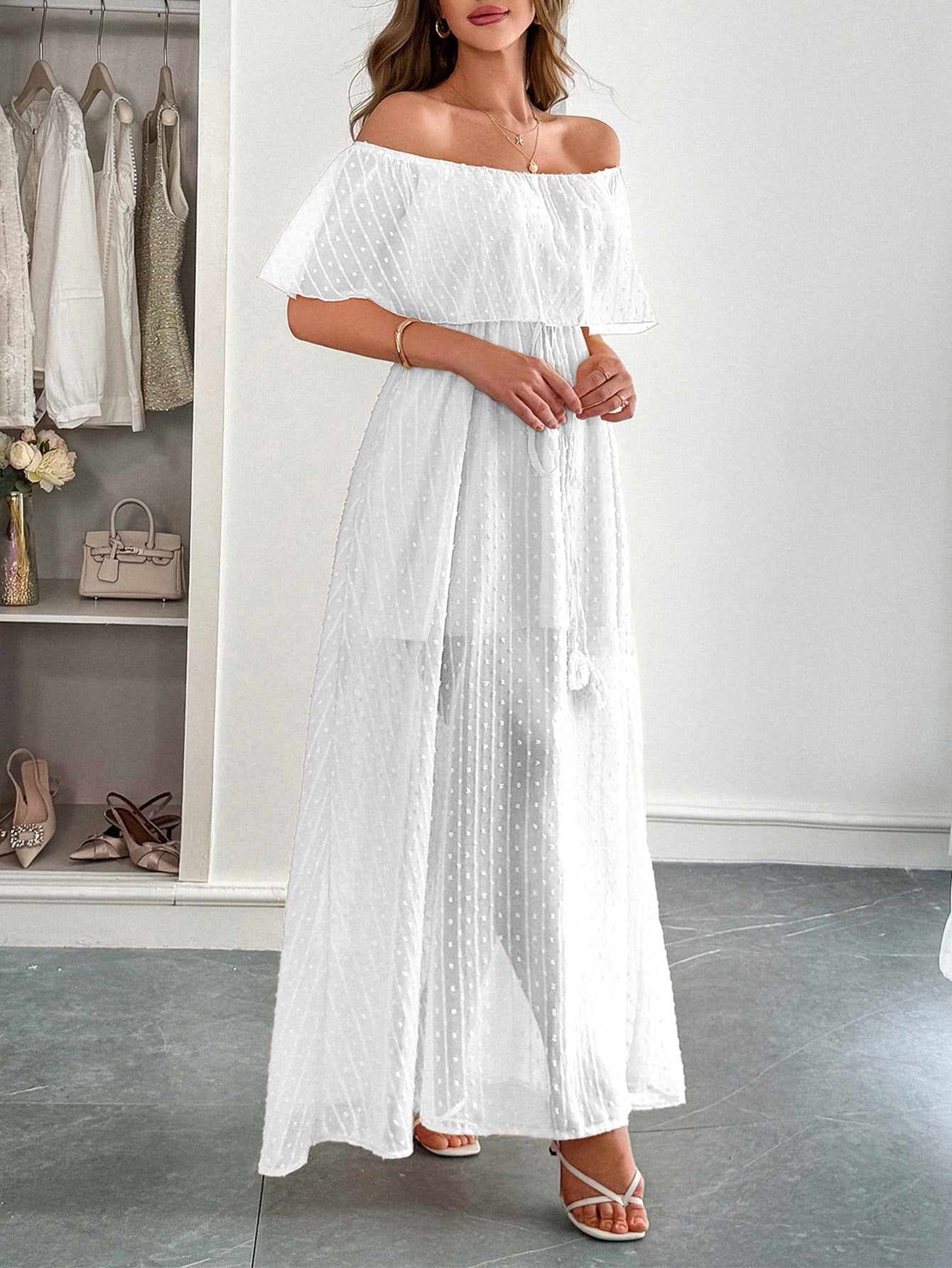 Robe Invitée Mariage Blanche en Tulle Épaules Dénudées Longue