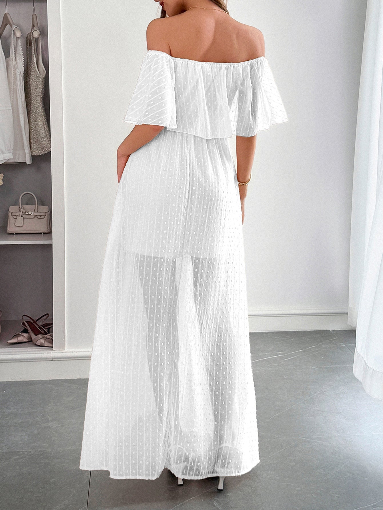 Robe Invitée Mariage Blanche en Tulle Épaules Dénudées Longue
