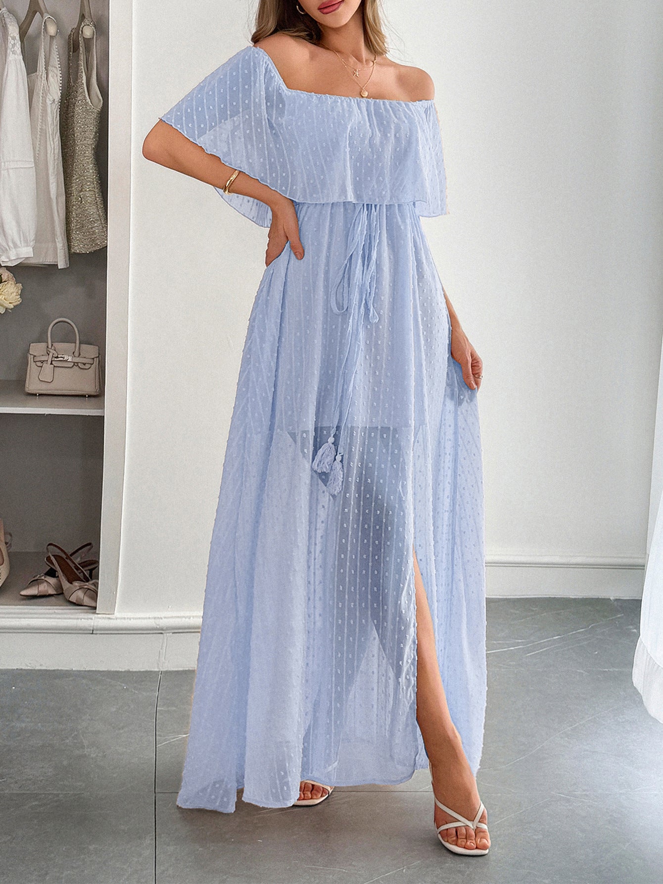 Robe Invitée Mariage BLEU en Tulle Épaules Dénudées Longue