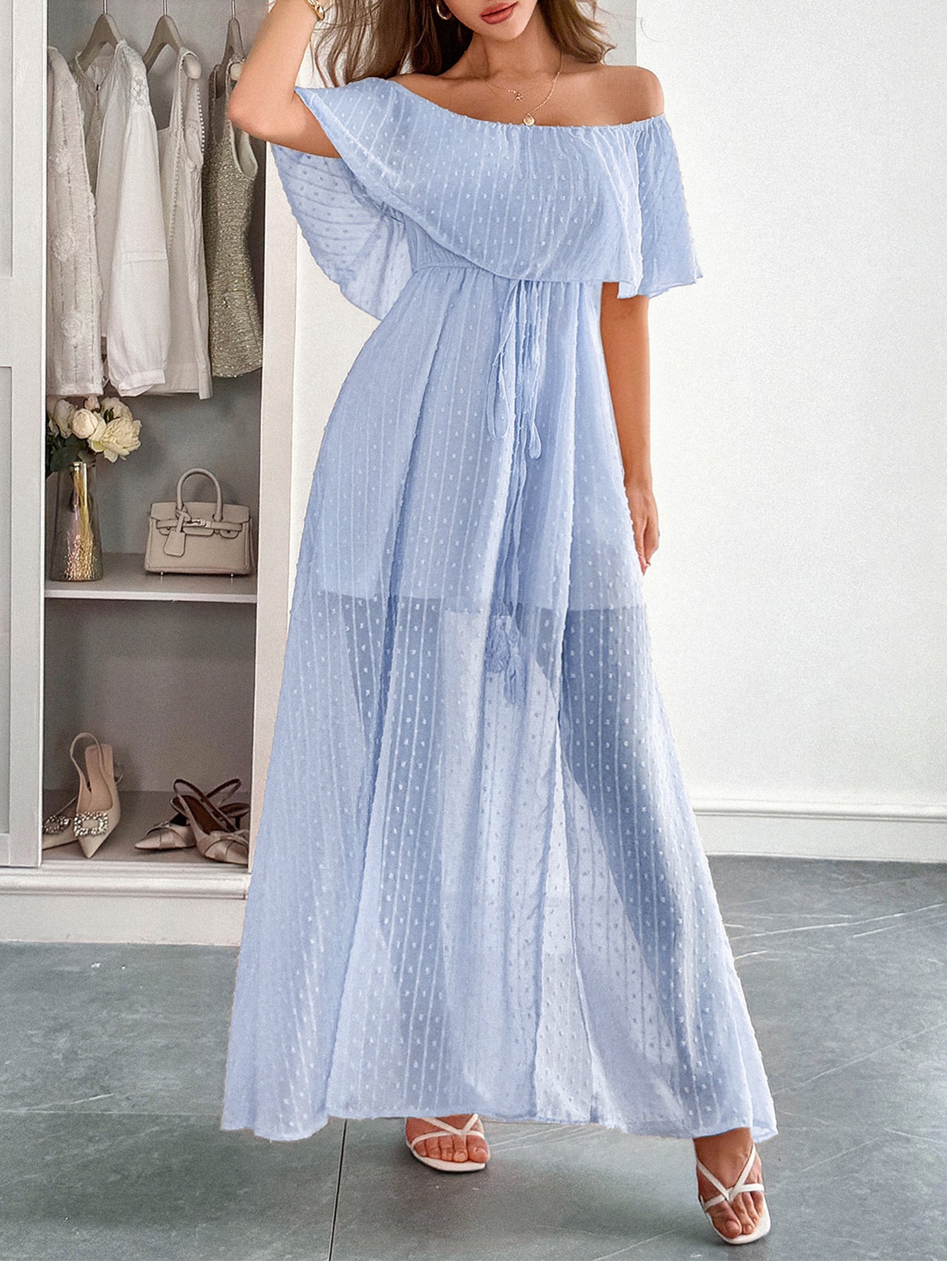 Robe Invitée Mariage BLEU en Tulle Épaules Dénudées Longue