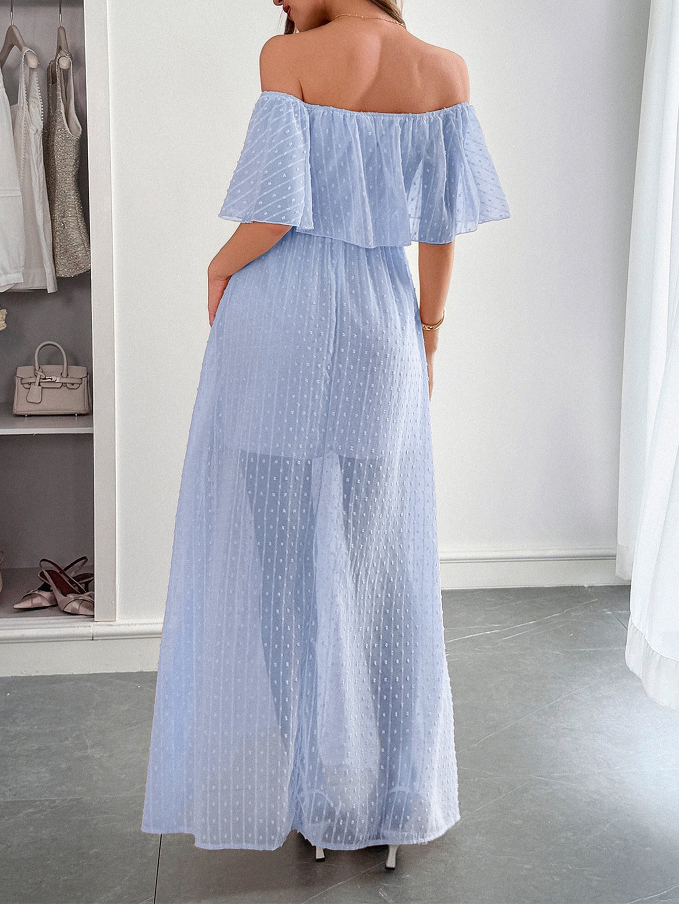 Robe Invitée Mariage BLEU en Tulle Épaules Dénudées Longue