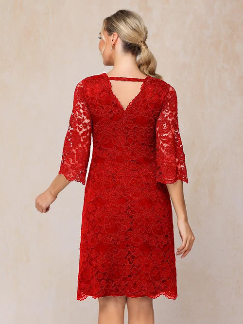 Fourreau Col V Dos V Manches 1/2 Dentelle Robe Mère de la Mariée