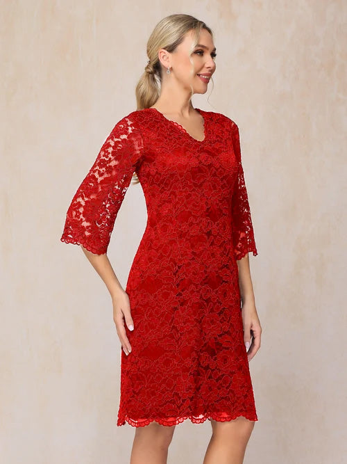 Fourreau Col V Dos V Manches 1/2 Dentelle Robe Mère de la Mariée