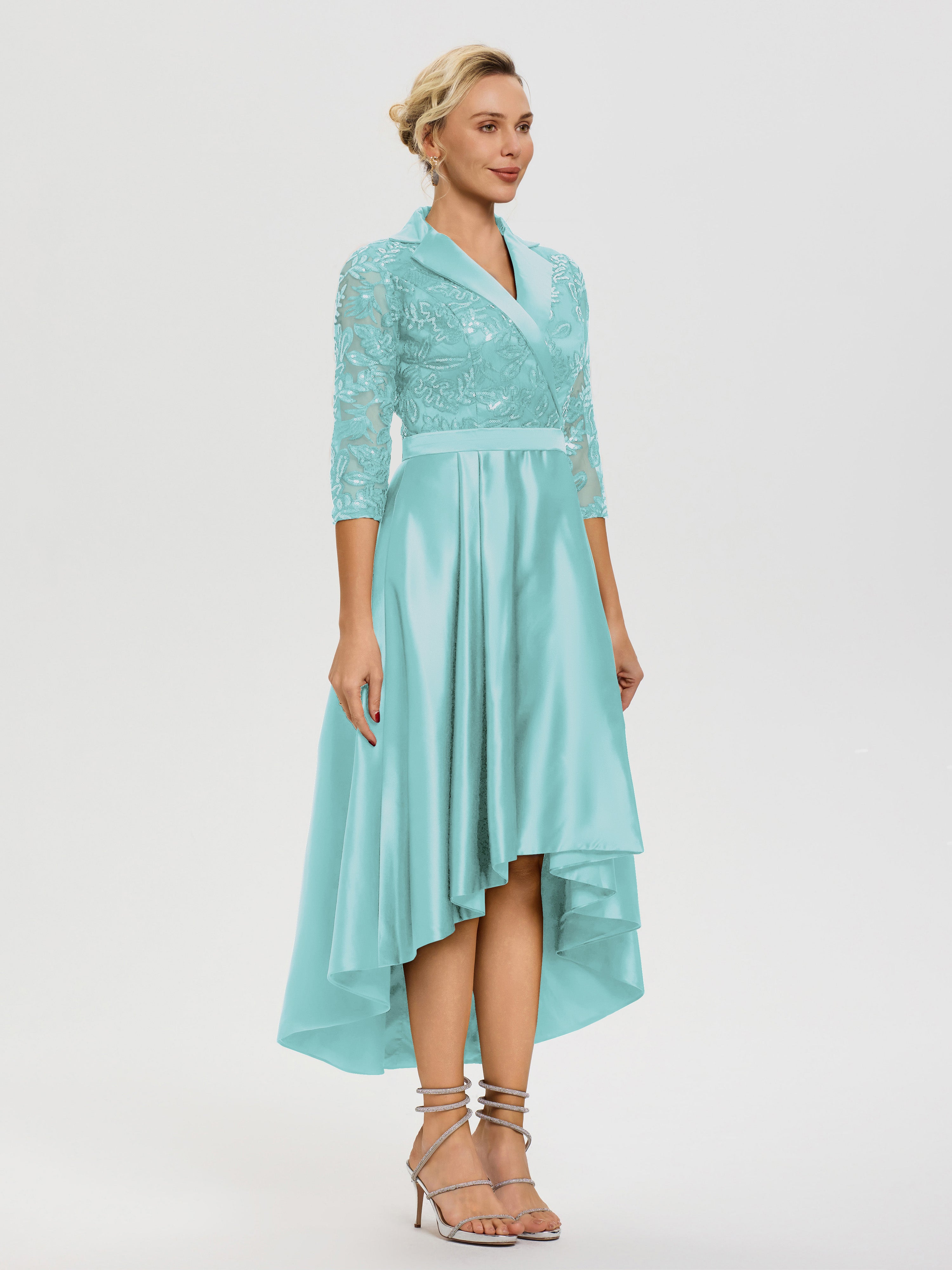Robe Mère De La Mariée Chic Turquoise Col V Asymétrique Satin & Dentelle Robe Mère De La Mariée Moderne