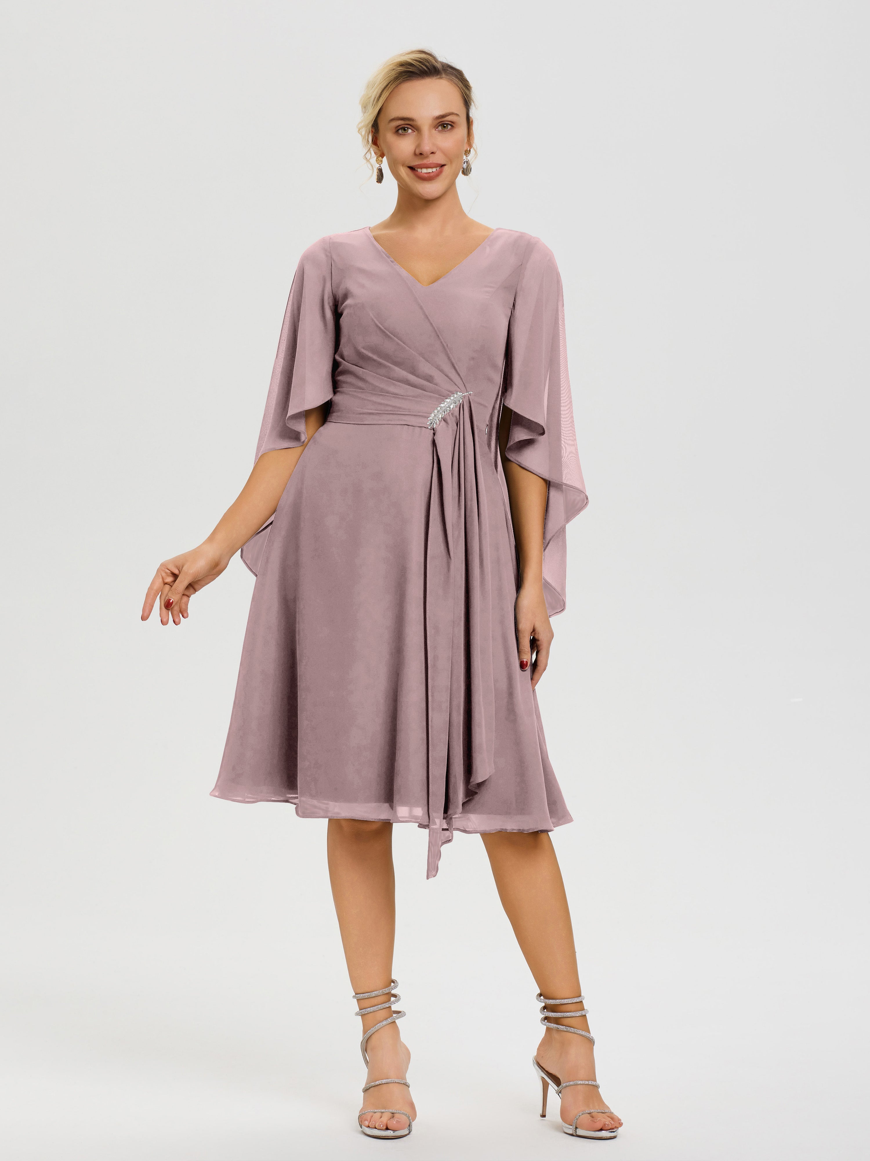 Robe Pour Mère De Mariée Vintage Mauve Manches Asymétrique Col V Mousseline Robe Mère Marié