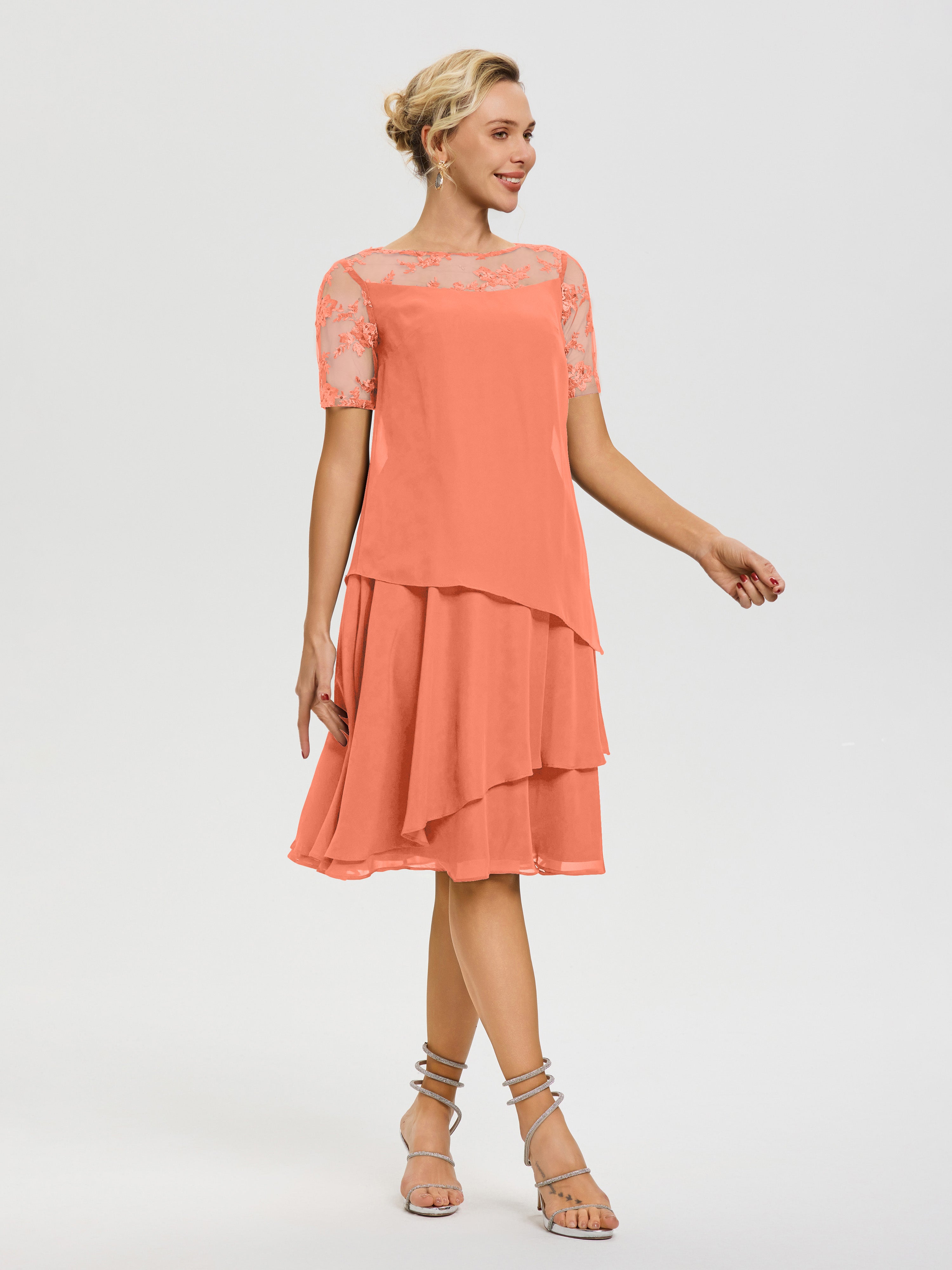 Robe Mère De La Mariee Coucher De Soleil Col Rond Mancherons Mousseline & Dentelle Robe De Cérémonie Mère Du Marié