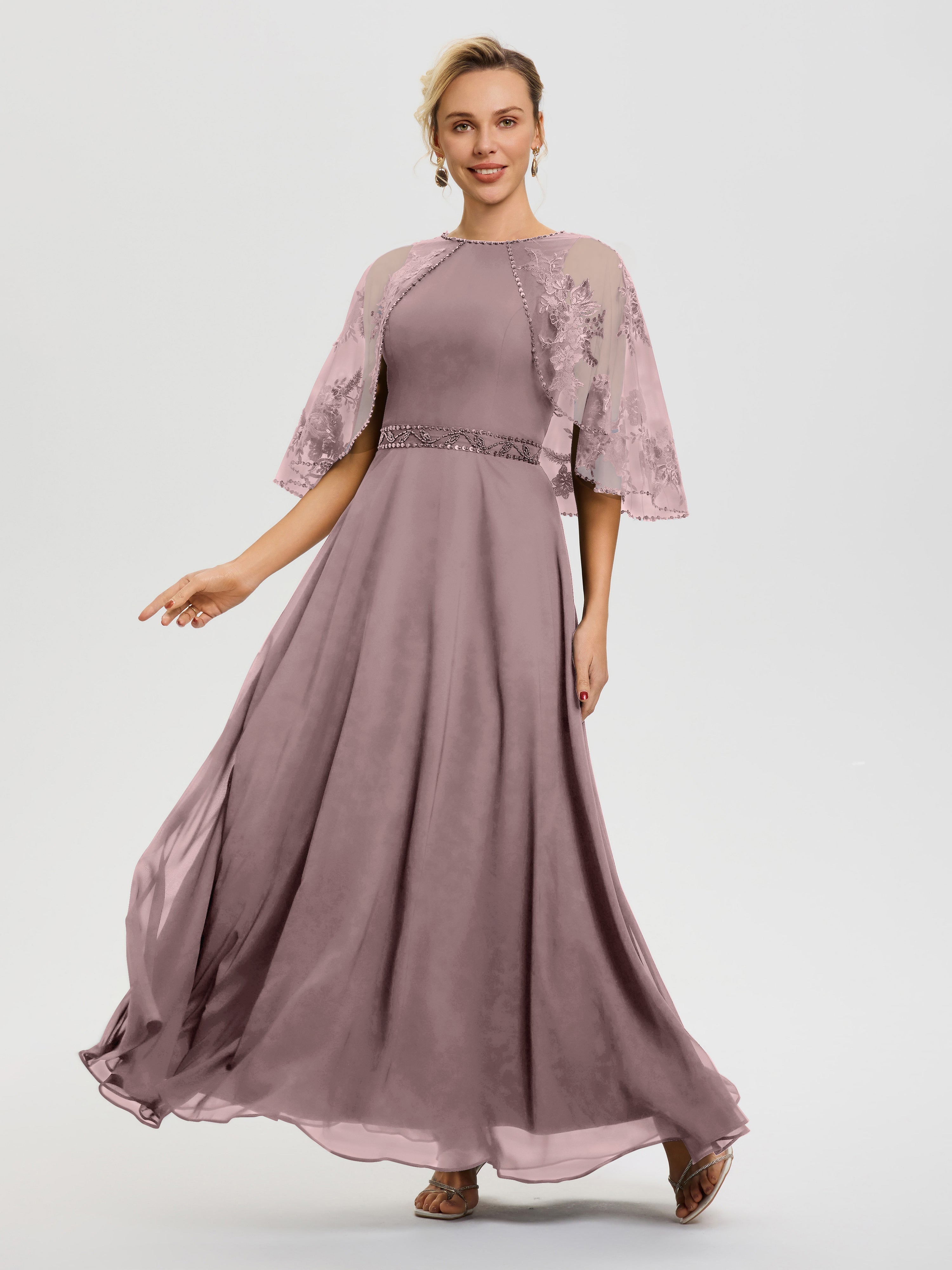Robe Pour Mariage Mère Du Marié Vintage Mauve Mousseline & Dentelle Col Rond Robe De Cérémonie Mère De La Mariée