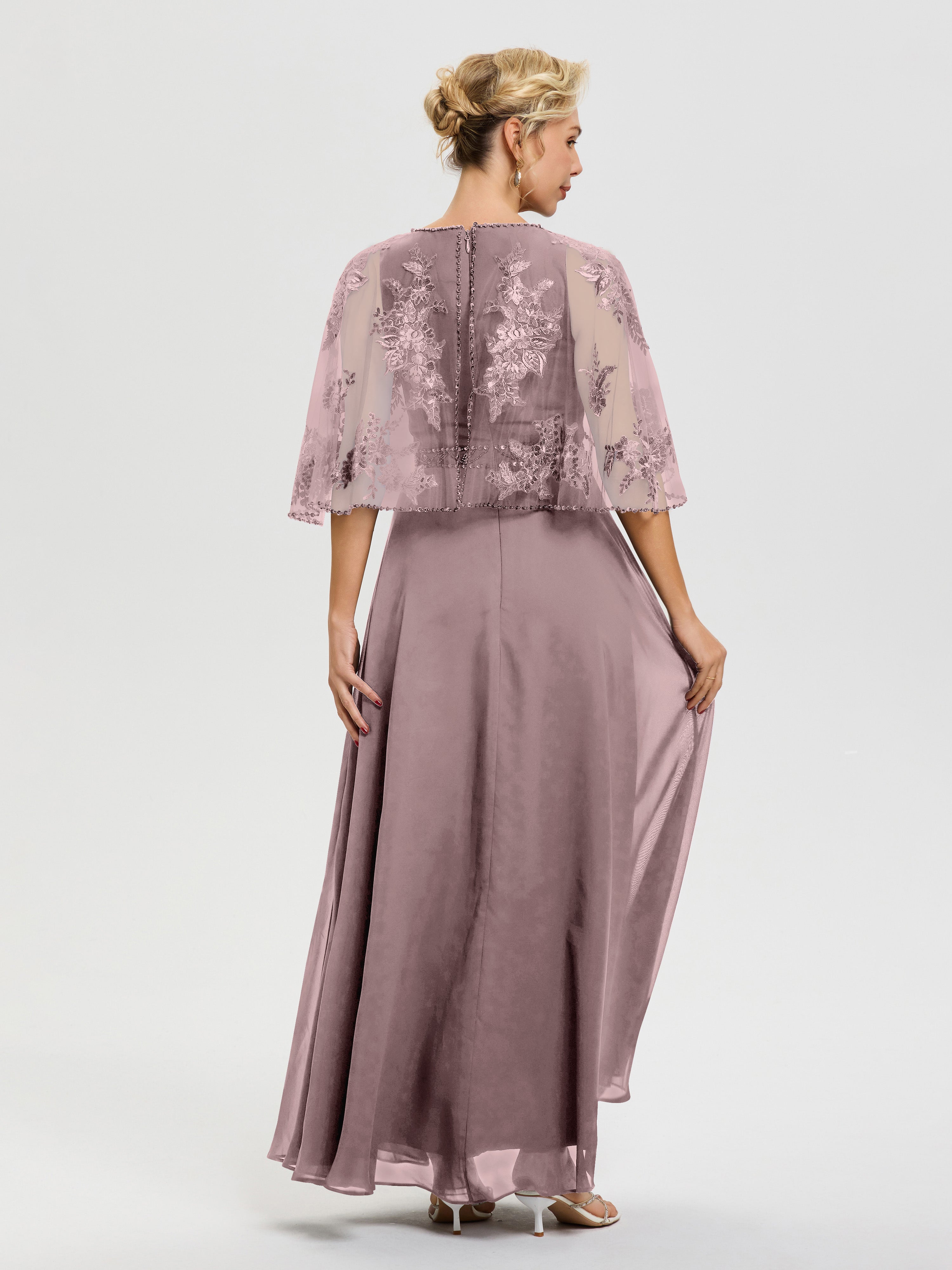 Robe Pour Mariage Mère Du Marié Vintage Mauve Mousseline & Dentelle Col Rond Robe De Cérémonie Mère De La Mariée