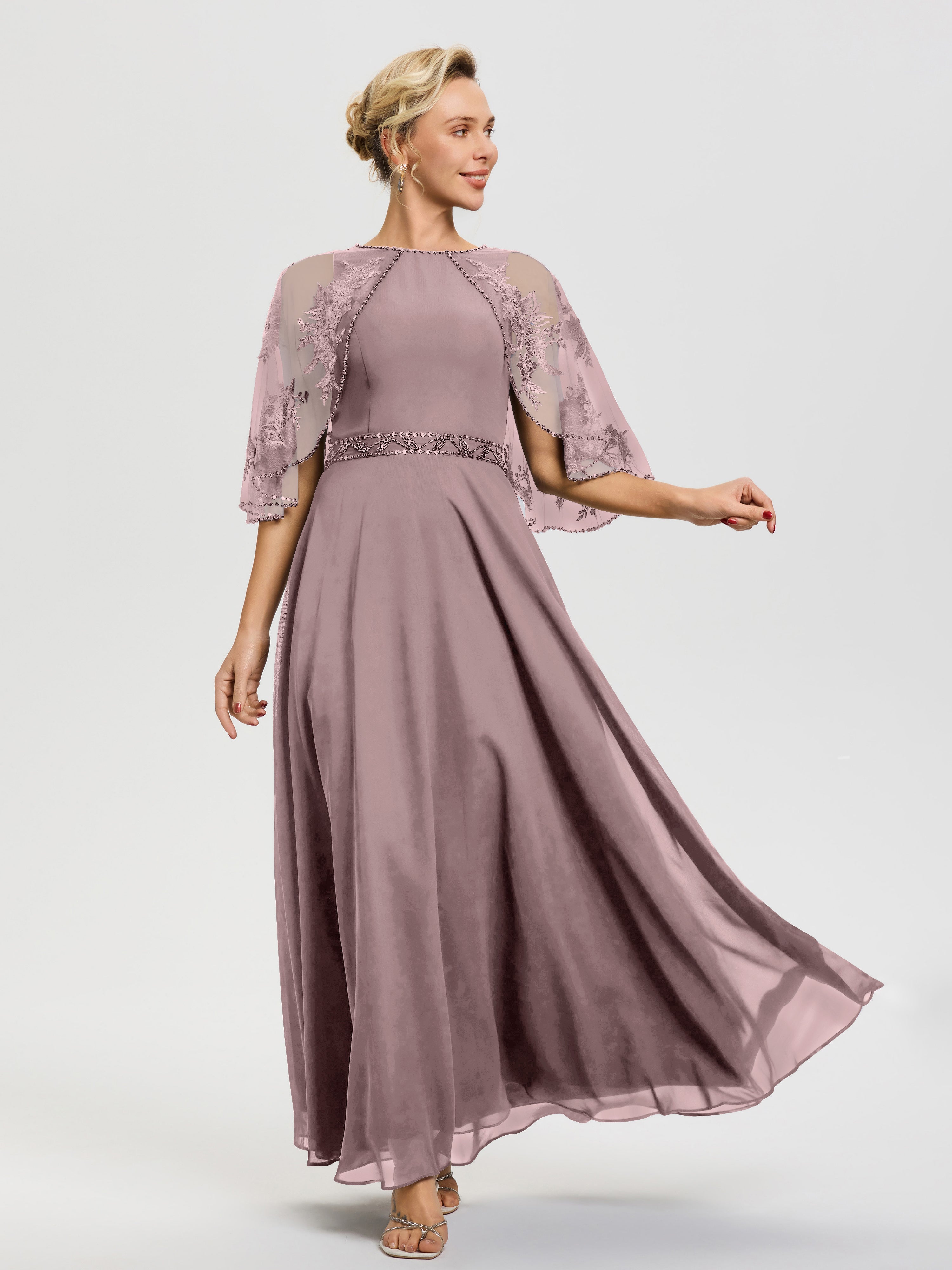 Robe Pour Mariage Mère Du Marié Vintage Mauve Mousseline & Dentelle Col Rond Robe De Cérémonie Mère De La Mariée