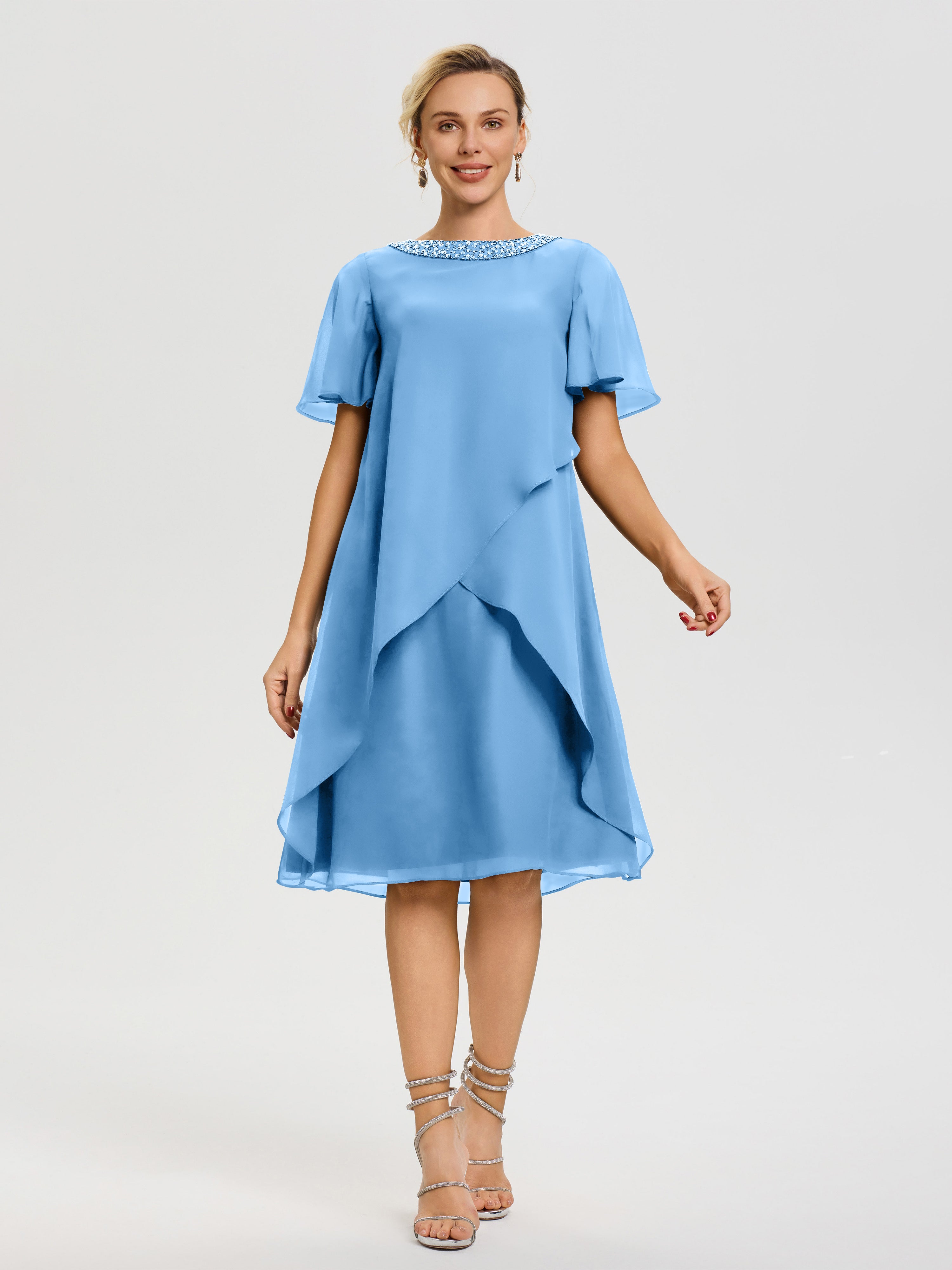 Robe Mere De La Mariee Bleu Col Rond Mancherons Mousseline Robe Mariage Mère Du Marié