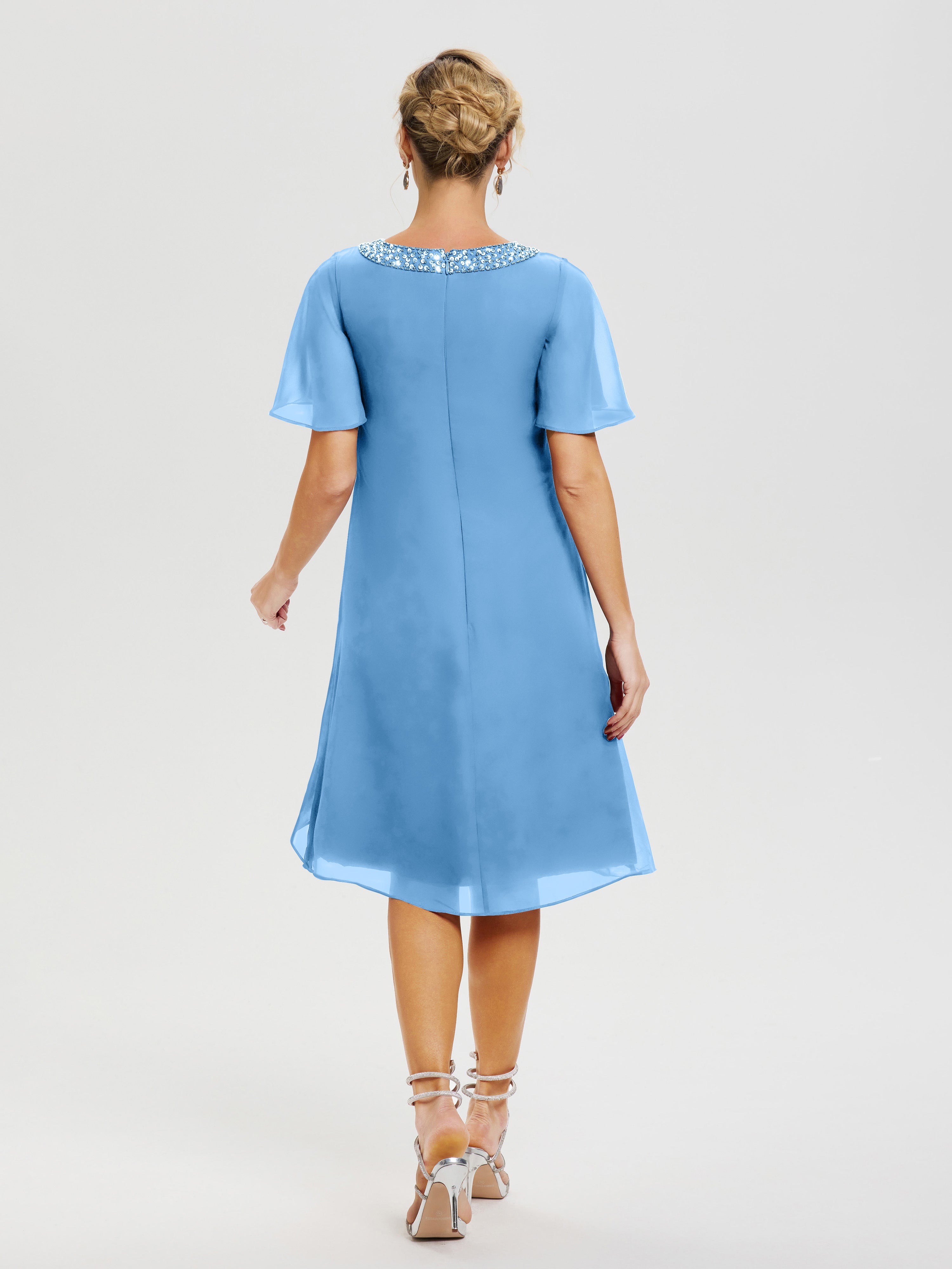 Robe Mere De La Mariee Bleu Col Rond Mancherons Mousseline Robe Mariage Mère Du Marié