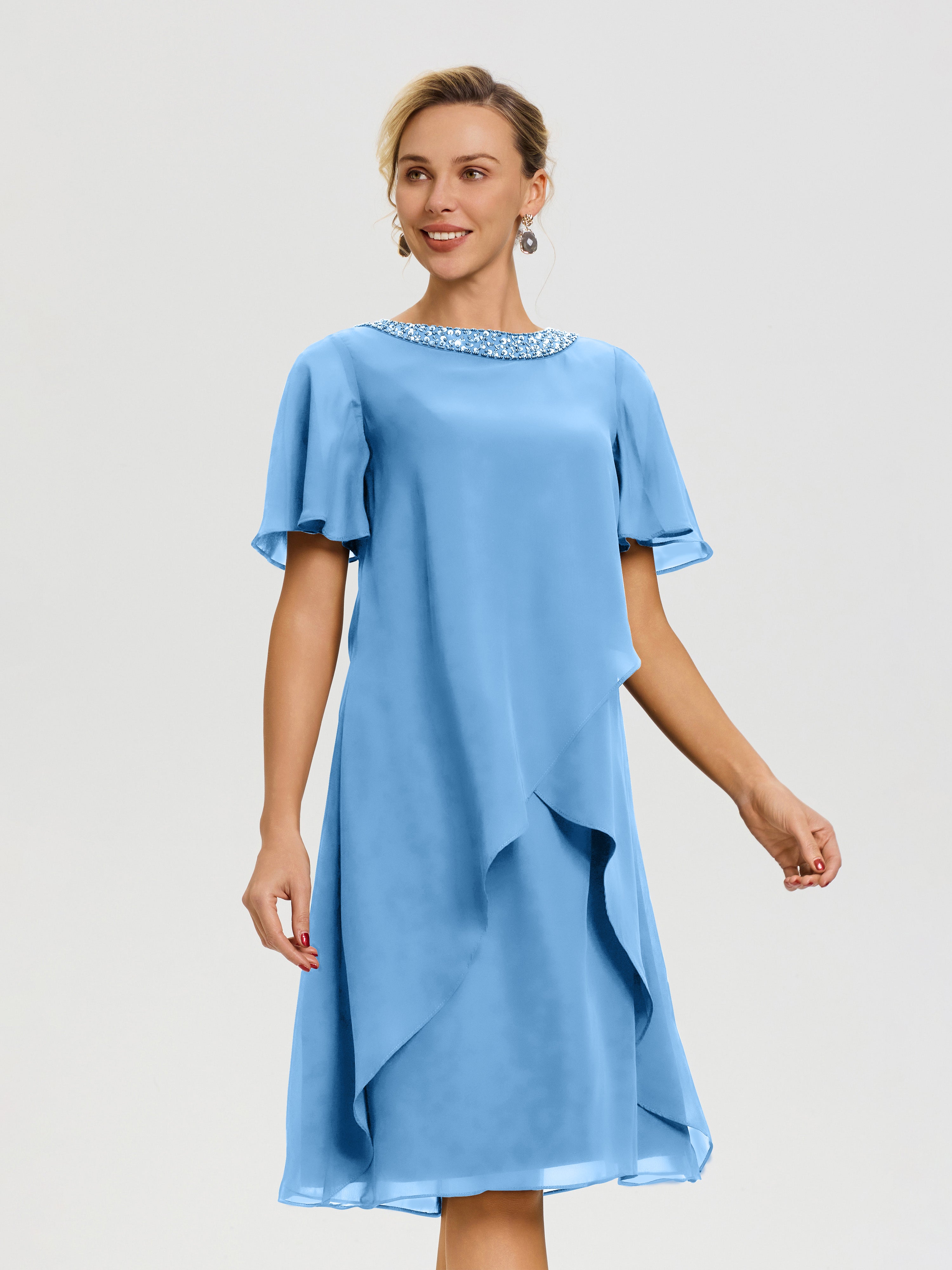 Robe Mere De La Mariee Bleu Col Rond Mancherons Mousseline Robe Mariage Mère Du Marié