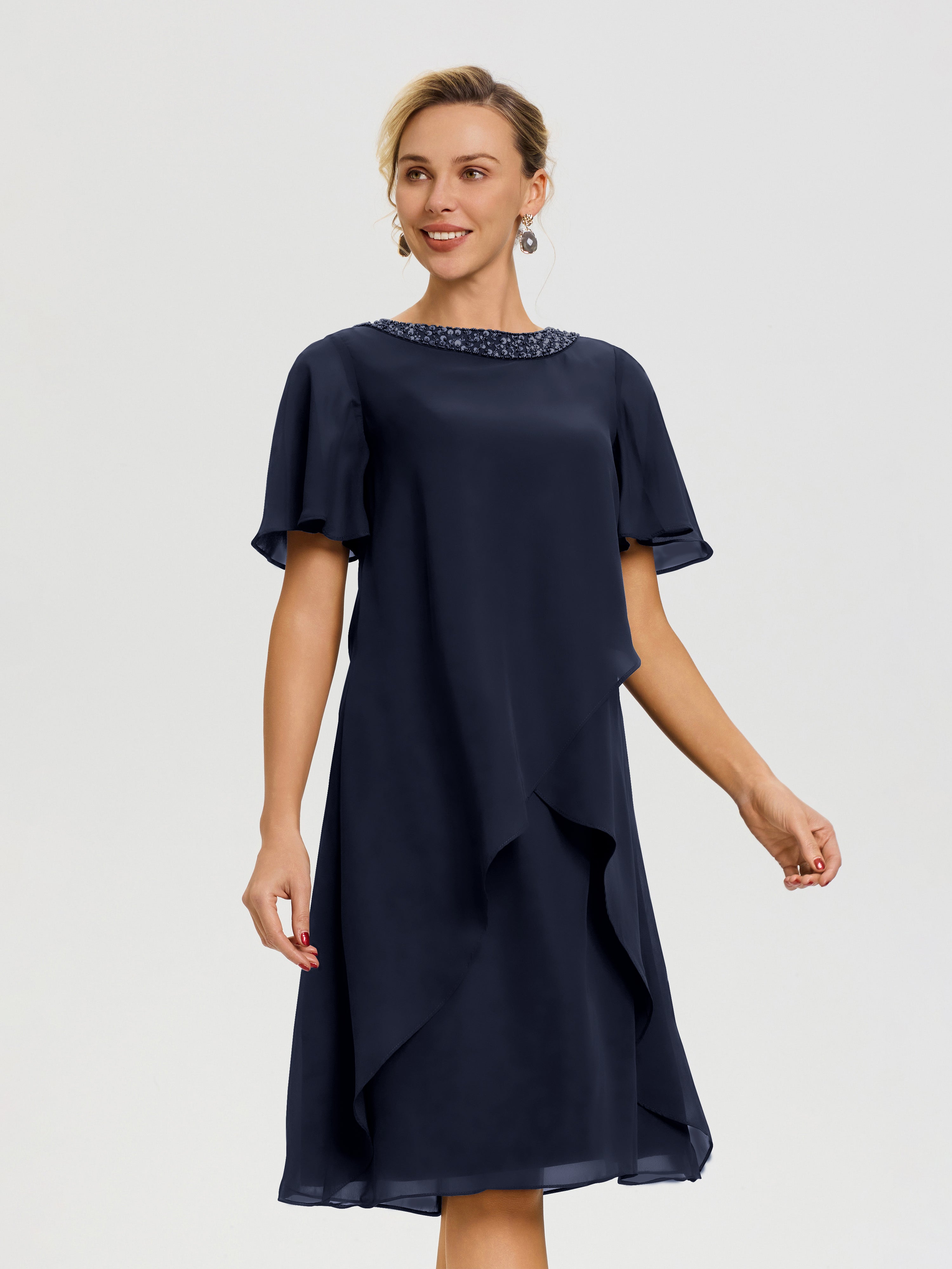 Robe Mere De La Mariee Bleu Marine Col Rond Mancherons Mousseline Robe Mariage Mère Du Marié