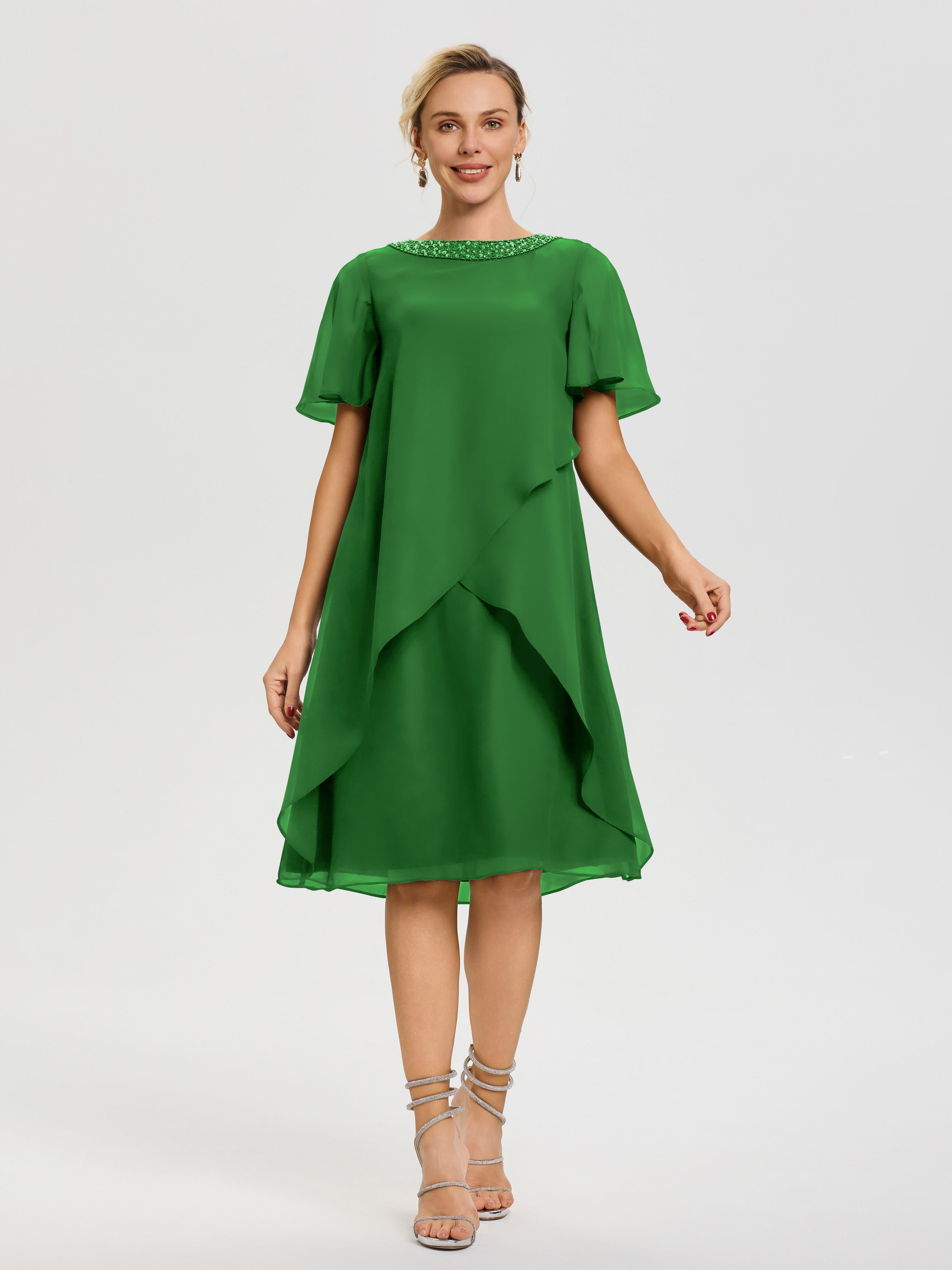 Robe De Mère Du Marié Vert Col Rond Mancherons Mousseline Robe Mariage Mère Du Marié