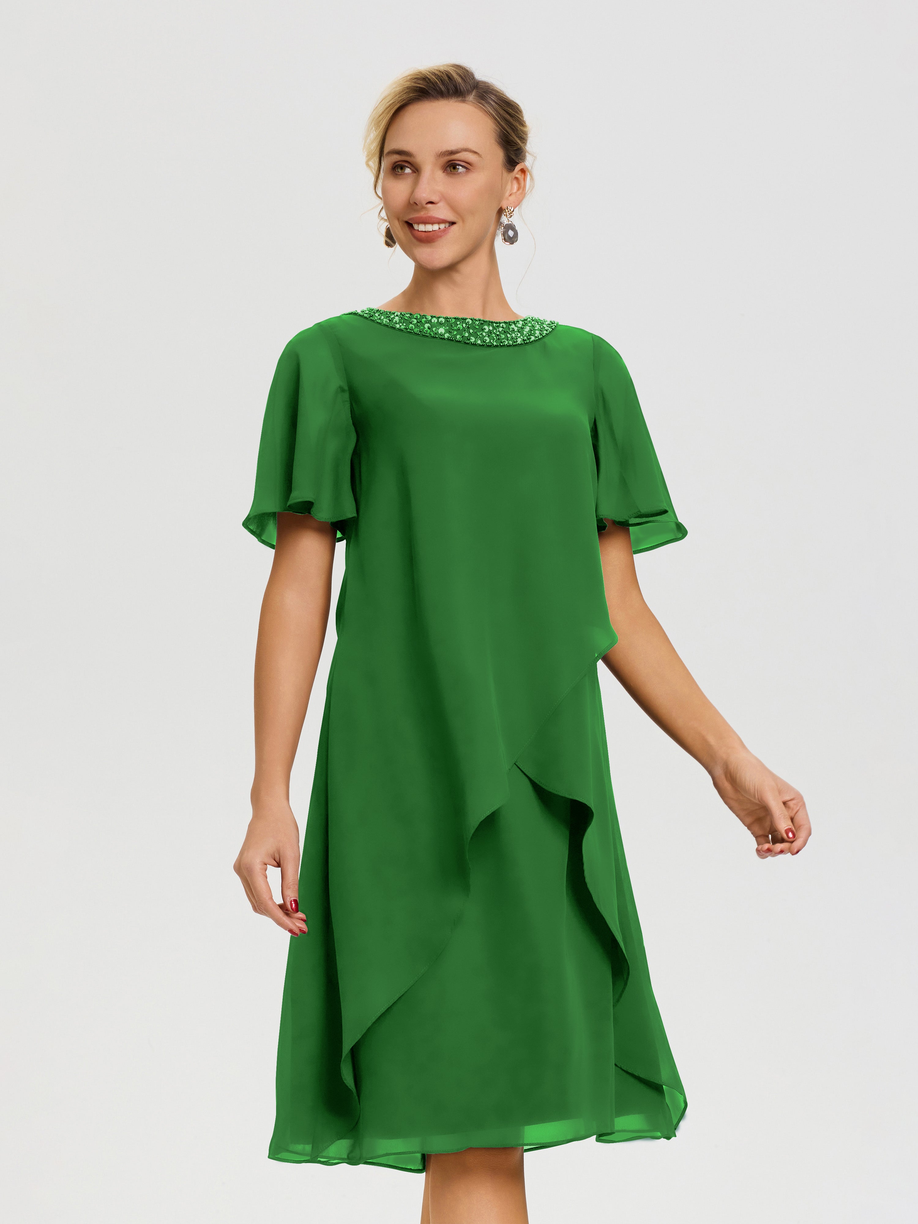 Robe De Mère Du Marié Vert Col Rond Mancherons Mousseline Robe Mariage Mère Du Marié