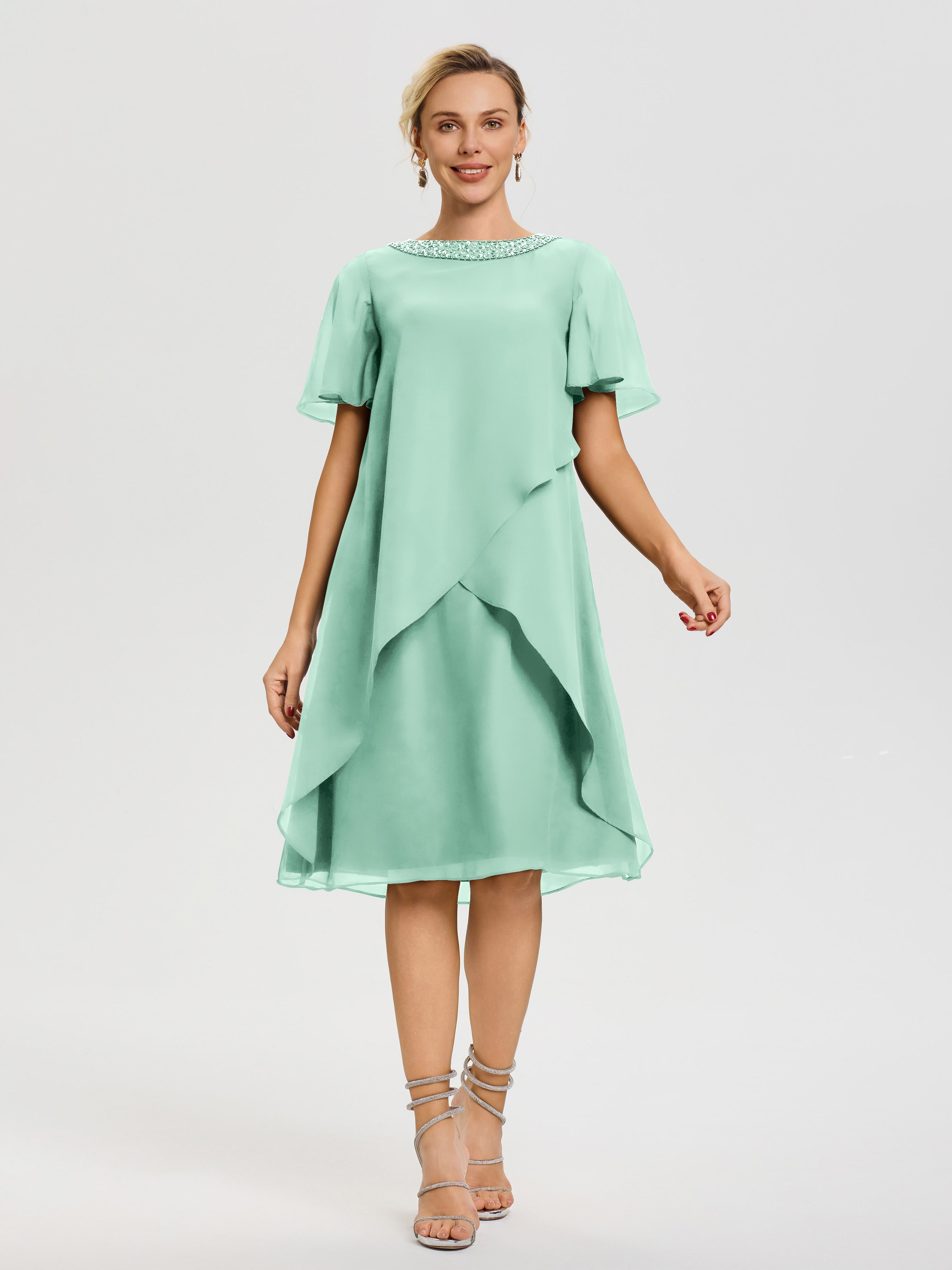 Robe De Mère De La Mariée Vert Menthe Col Rond Mancherons Mousseline Robe Mariage Mère Du Marié