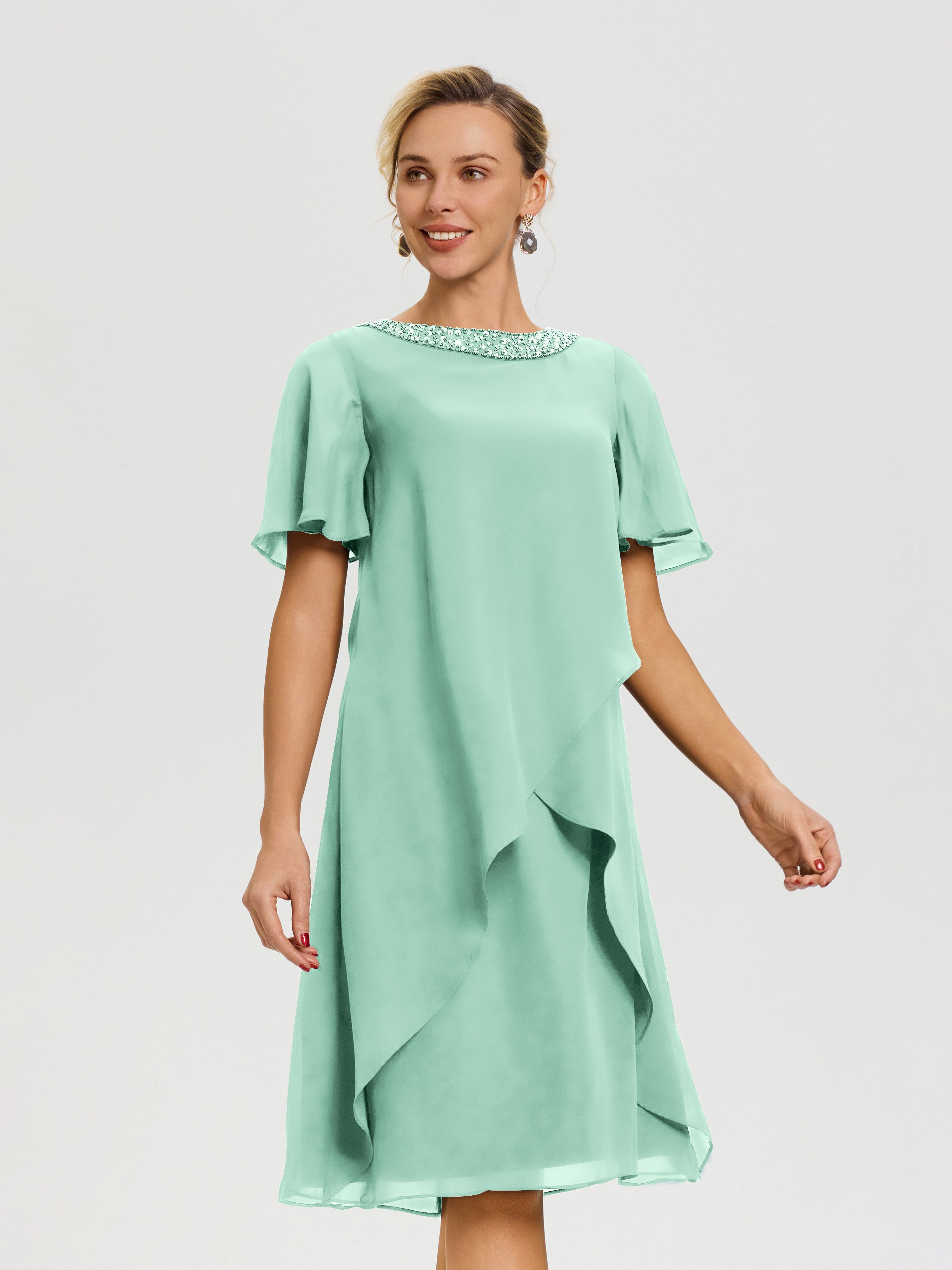 Robe De Mère De La Mariée Vert Menthe Col Rond Mancherons Mousseline Robe Mariage Mère Du Marié