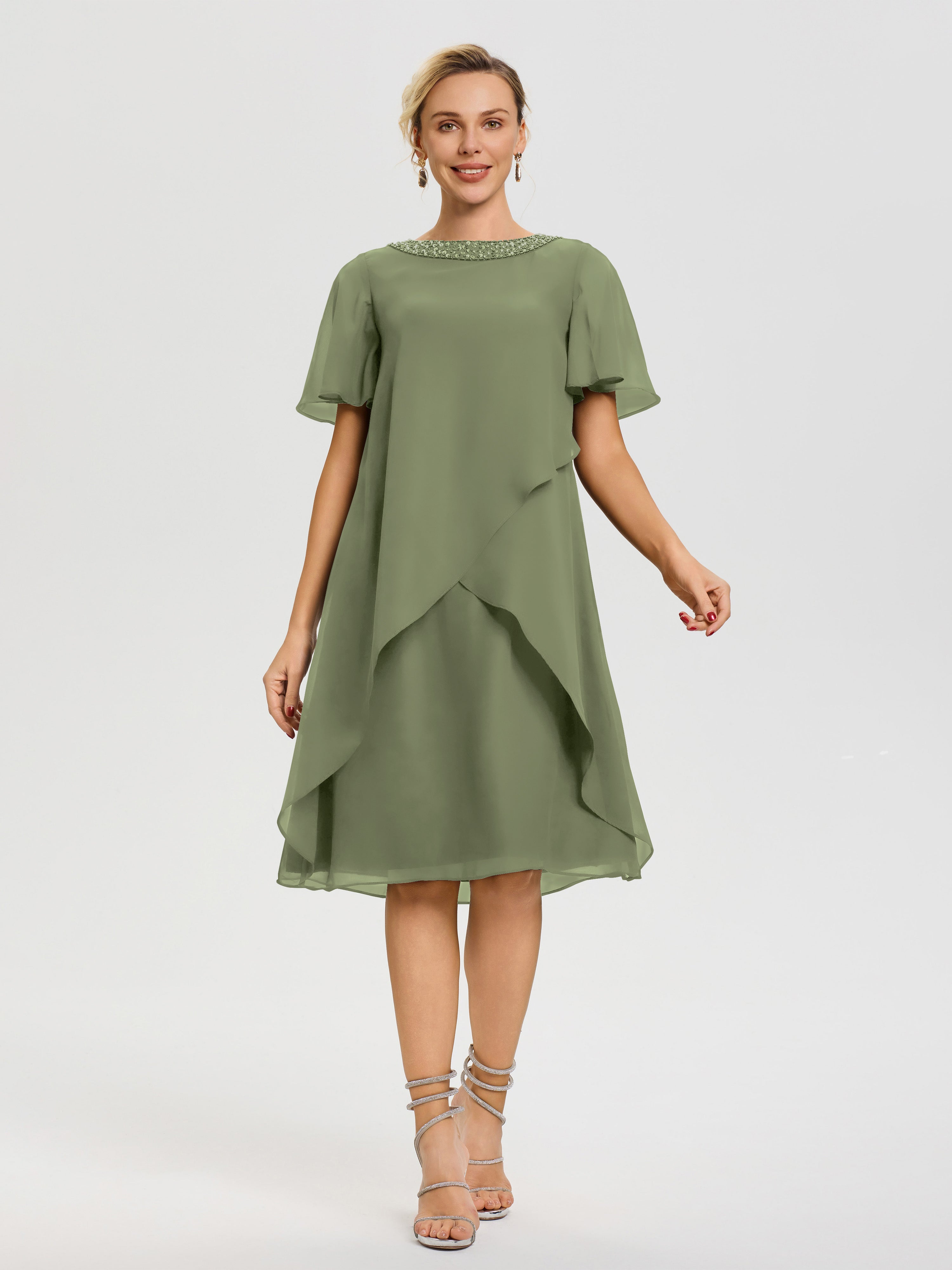 Robe Cérémonie Mère Du Marié Vert Olive Col Rond Mancherons Mousseline Robe Mariage Mère Du Marié